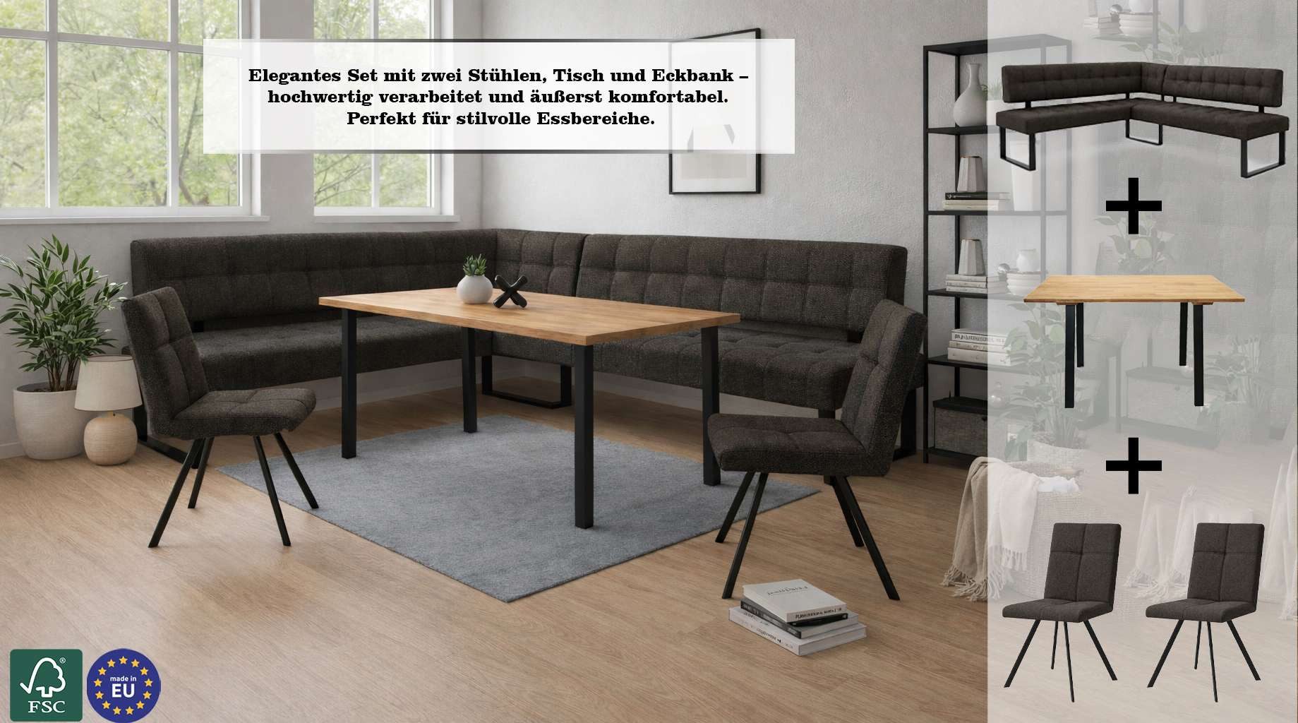 Home affaire Eckbankgruppe Mia Essecke, Sitzgruppe, Eckbankgruppe, Küchenbankgruppe, (Set, 4-tlg., 4er), Eckbank mit Wellenfederung; Tisch in Eiche massiv