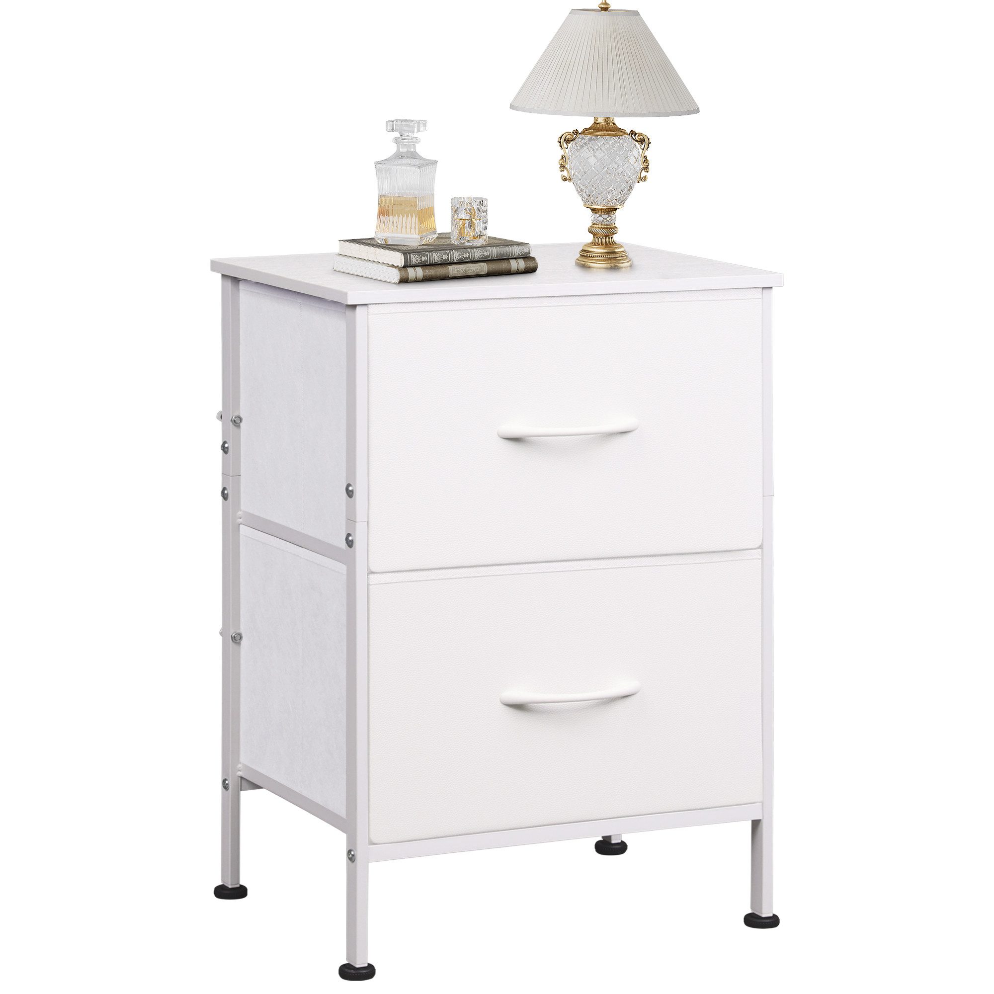 WLIVE Kommode Nachttisch mit 2 Stoffschubladen, 40×30×63 cm, Braun/Schwarz/Weiß (1 St), Beistelltisch mit Metallrahmen & Holzplatte, verstellbare Füße