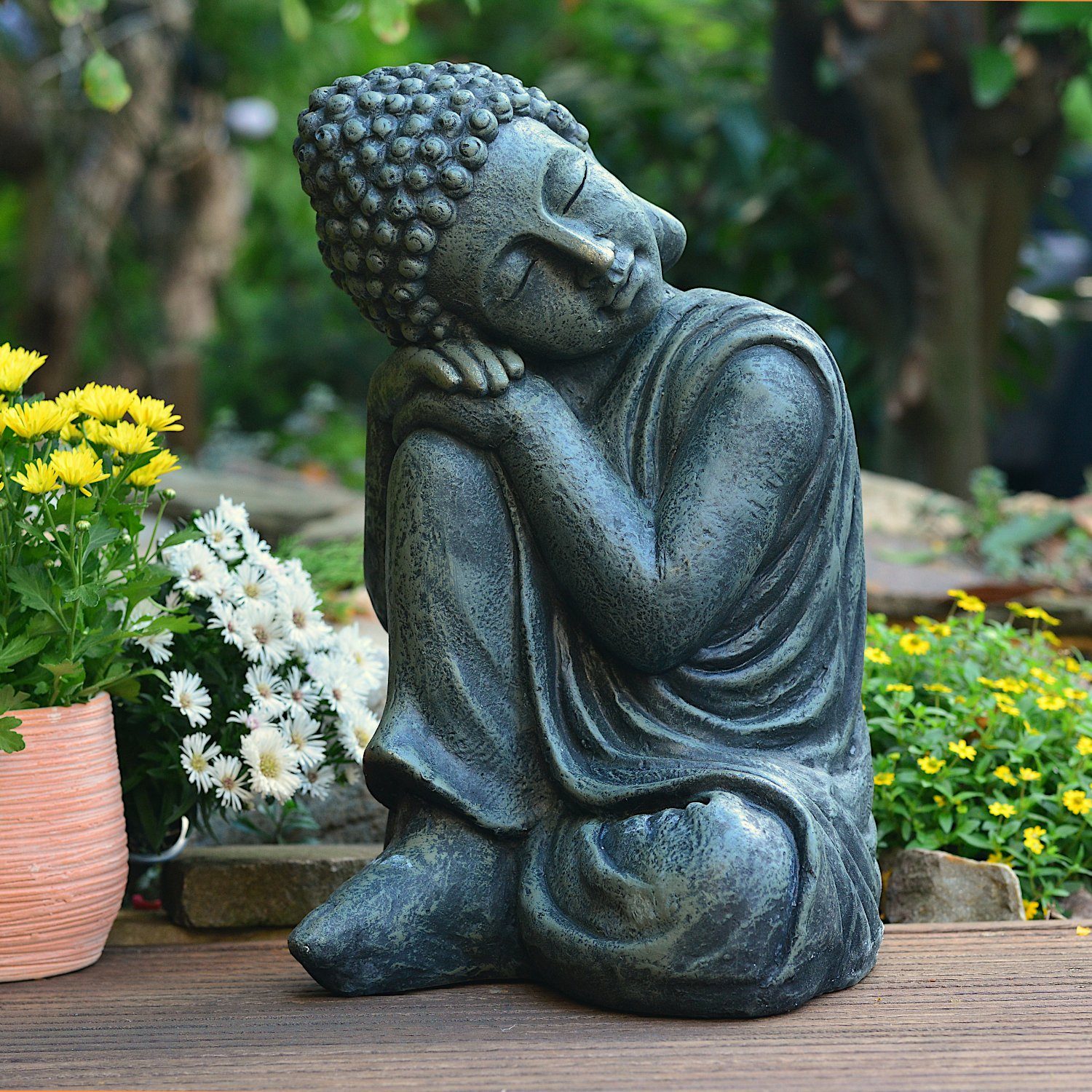 Buddha Garten wetterfest und Gartenfigur Außen für 44cm, Innen Schlafender INtrenDU