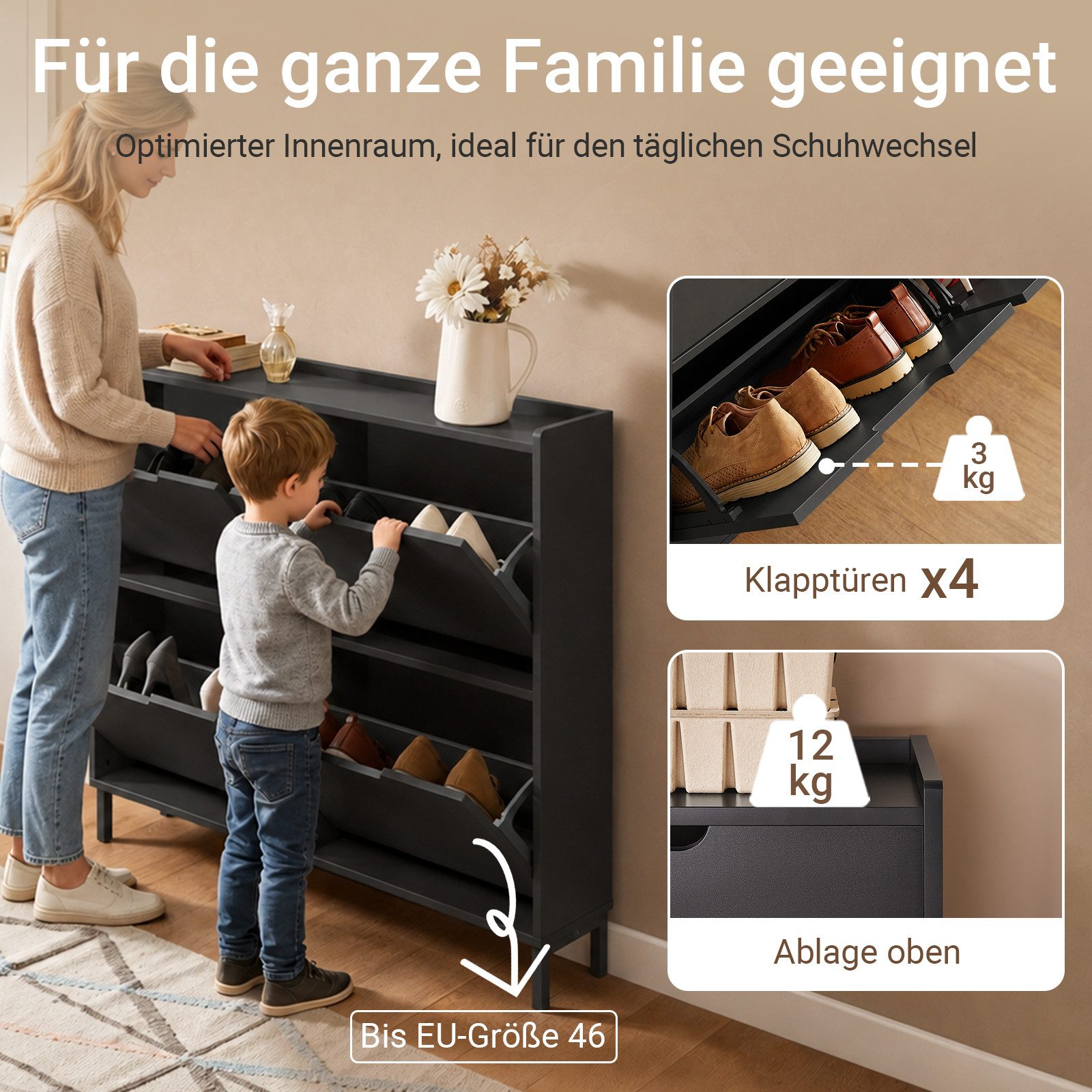 SoBuy Schuhschrank FSR100, Schuhkipper Schuhregal Flurschrank Schuhkommode Schuhschrank schmal, mit 4 Klappen, für 8-12 Paar Schuhe, Diele, Flur – Bild 4 von 5