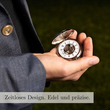 Hermann Jäckle Taschenuhr Lindau II Skelett Handaufzug Mineralglas 50 mm, mit Kette und Reiseetui
