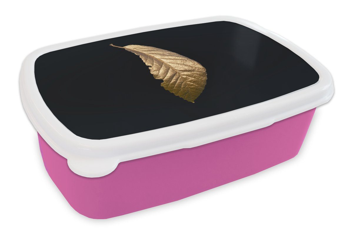 MuchoWow Lunchbox Blätter - Luxus - Gold - Schwarz - Natur, Kunststoff, (2-tlg), Brotbox für Erwachsene, Brotdose Kinder, Snackbox, Mädchen, Kunststoff rosa