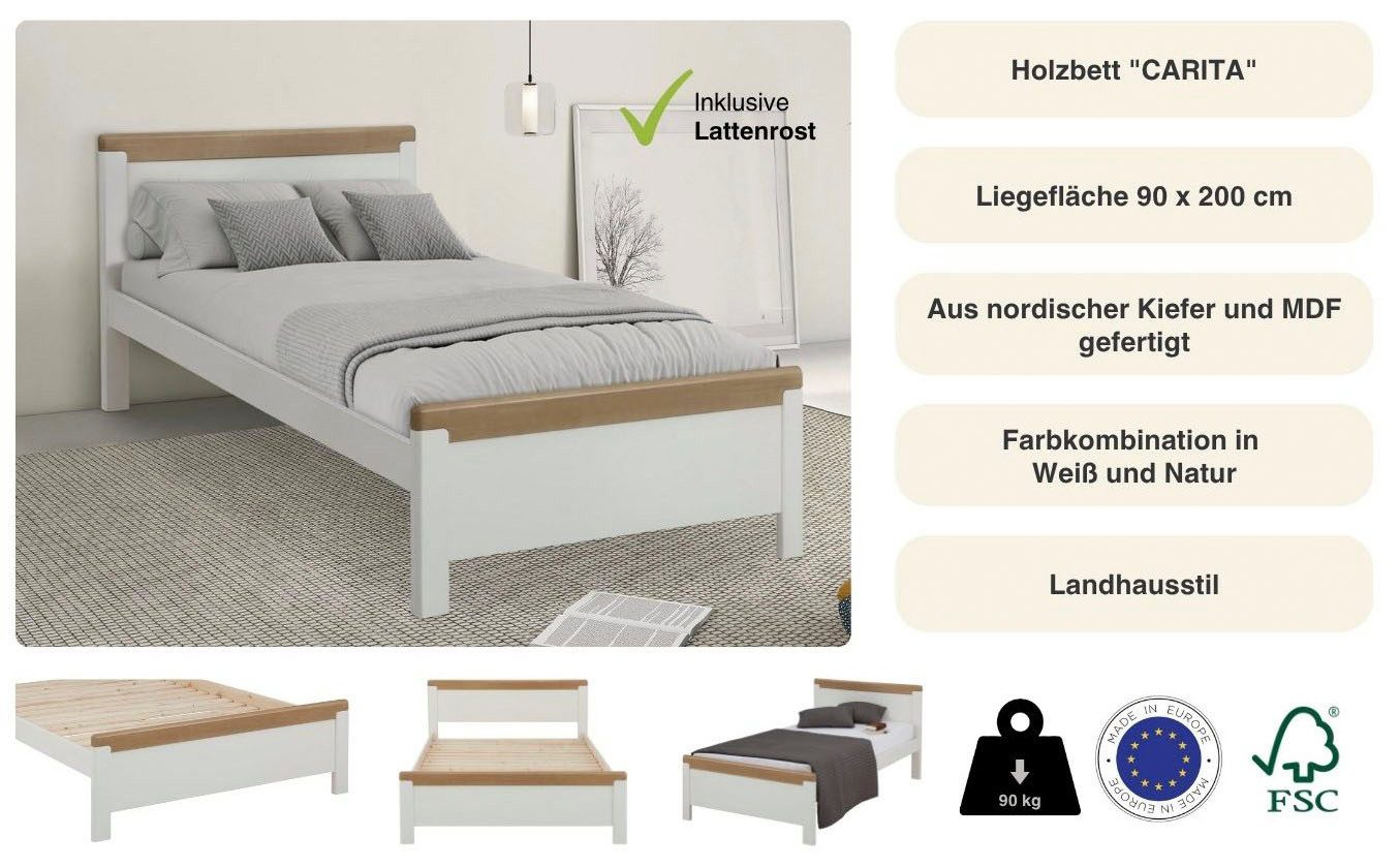 OTTO home Holzbett "CARITA", mit praktischem Rollrost, aus massivem Kiefernholz