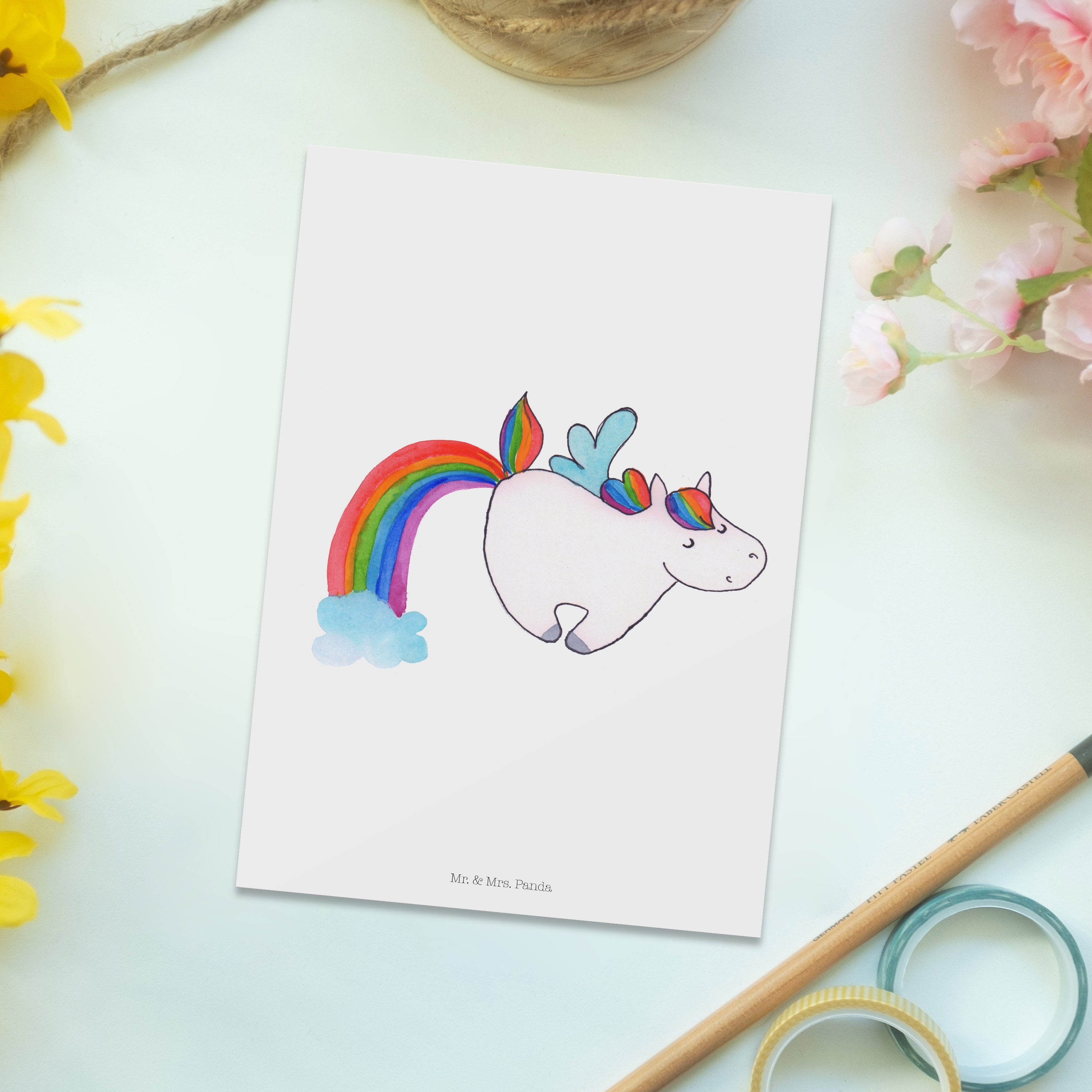 Einhorn Mr. & Panda - Geschenk, Pegasus Weiß - Mrs. Einladungskart Einladung, Postkarte Glitzer,