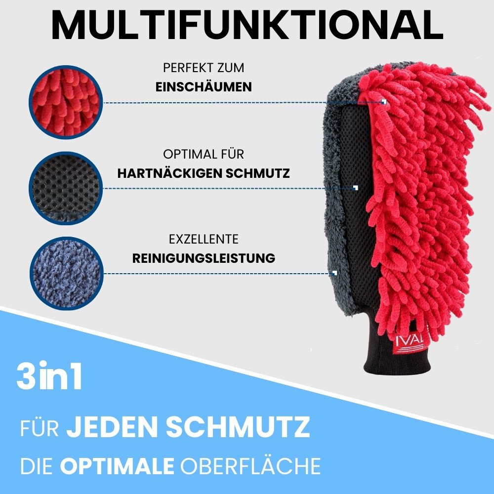 IVALITY Waschhandschuh Premium Mikrofaser für die Auto Reinigung, Lackschonend & saugstark, (3in1 Waschhandschuh, 1-St), 3-Seiten gegen Schmutz und Insekten – Bild 4 von 5