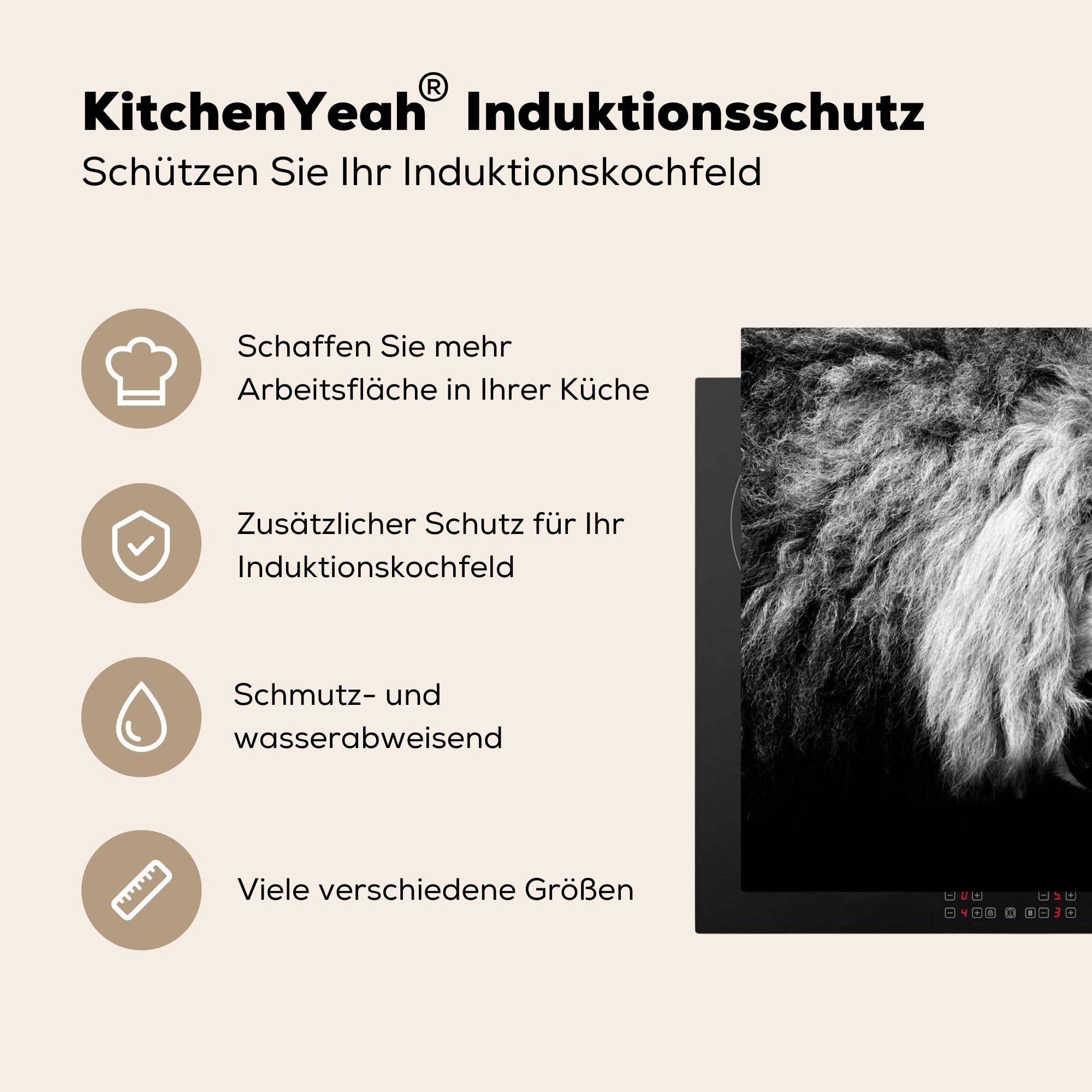 MuchoWow Herdblende-/Abdeckplatte Vinyl, Schwarz tlg), Weiß - für Löwe 77x51 - Ceranfeldabdeckung, Tiere, (1 - Arbeitsplatte küche Porträt cm, 