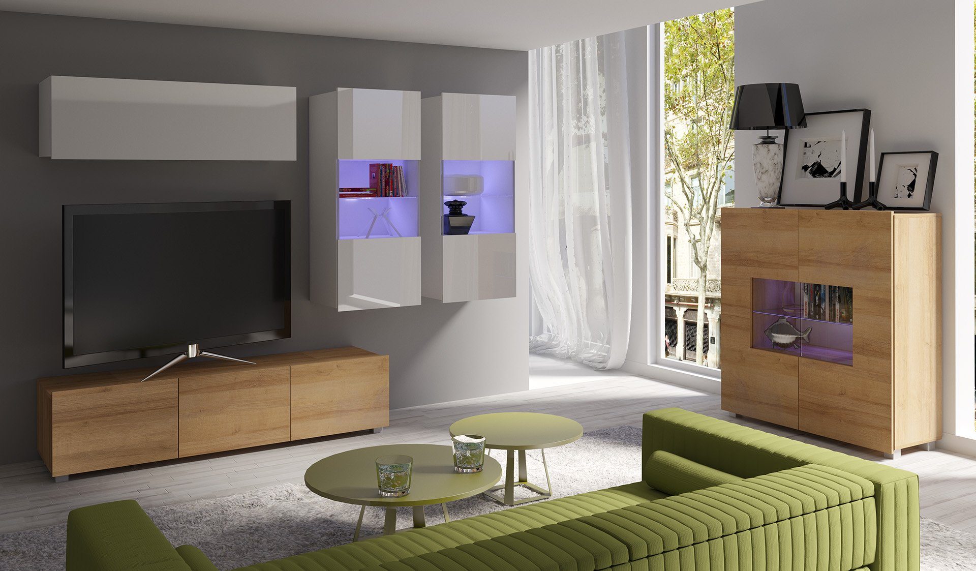 Stylefy Wohnwand Bietula, (Set (5-St), Wohnmöbel), 5-teilig, wahlweise mit LED-Beleuchtung, FSC-Zertifizierung, Modern Design, variabel stellbar Weiß Hochglanz - Wotan Eiche