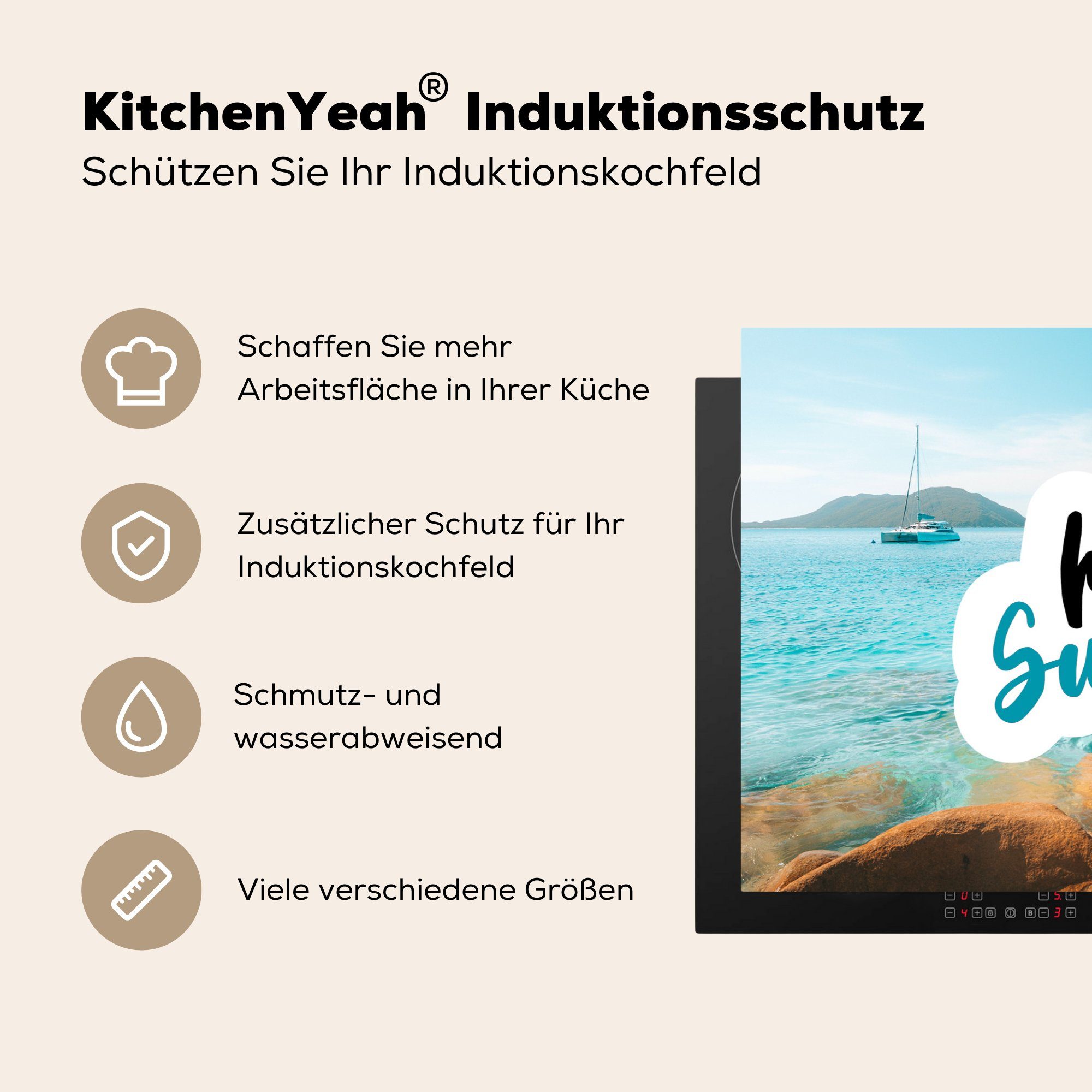 (1 - - Meer, tlg), - 81x52 MuchoWow Ceranfeldabdeckung küche, für die Vinyl, Schutz Sommer Zitat Boot Induktionskochfeld Herdblende-/Abdeckplatte cm,