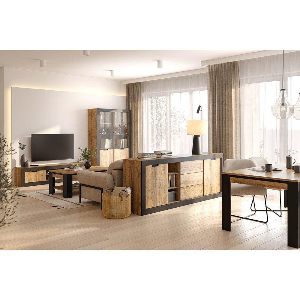Lomadox Wohnzimmer-Set TOLOSA-83, (Mega-Spar-Set, 5-St., Couchtisch Lowboard Vitrine Sideboard Esstisch), Eiche mit Rahmen in Mattschwarz, Industrial Stil