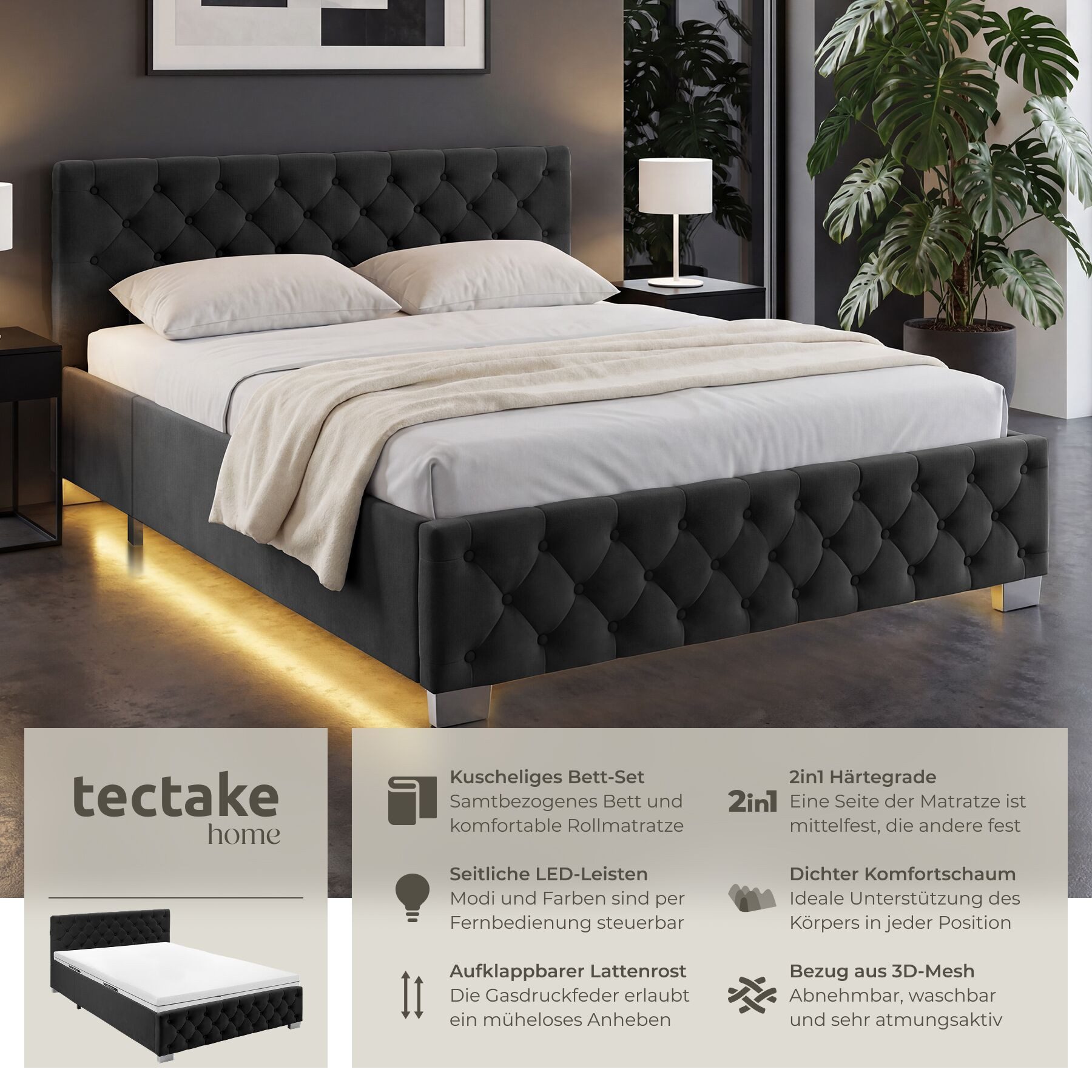 tectake Polsterbett Komfortbett mit LED-Leisten & Stauraum - Samtoptik mit Steppmuster (Bettset mit Matratze, in Samtoptik Schwarz), Matratze mit Komfortschaumk – Bild 2 von 5