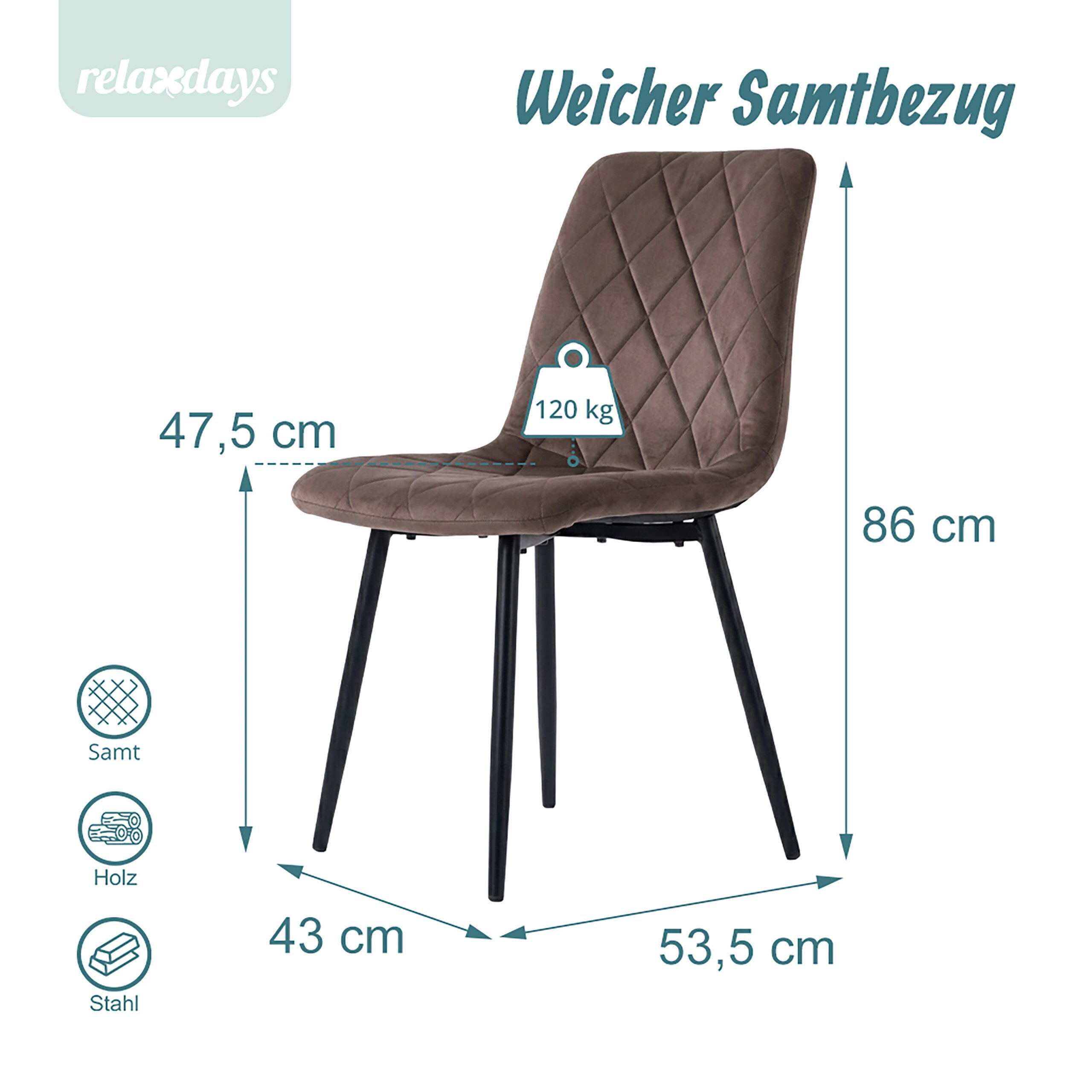 relaxdays Esszimmerstuhl Samt Esszimmerstuhl Set (2 St), braun, 2er-Pack – Bild 4 von 5