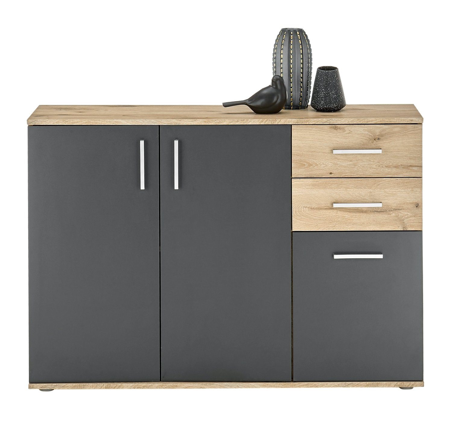 Bega Consult Kommode BC 1040, Grau matt, Viking Eiche Dekor, 3 Türen, 2 Schubladen, B 120 x H 84 x T 35 cm