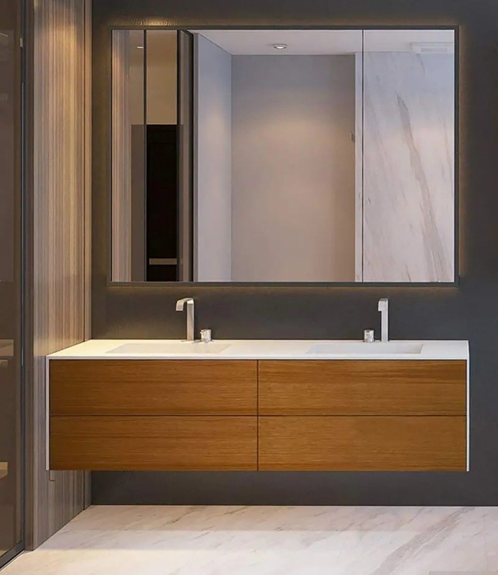 Henneke Doppelwaschtisch Corian® WoodOne+ eckig mit Unterschrank zweireihig, Fugenlos aus Mineralwerkstoff