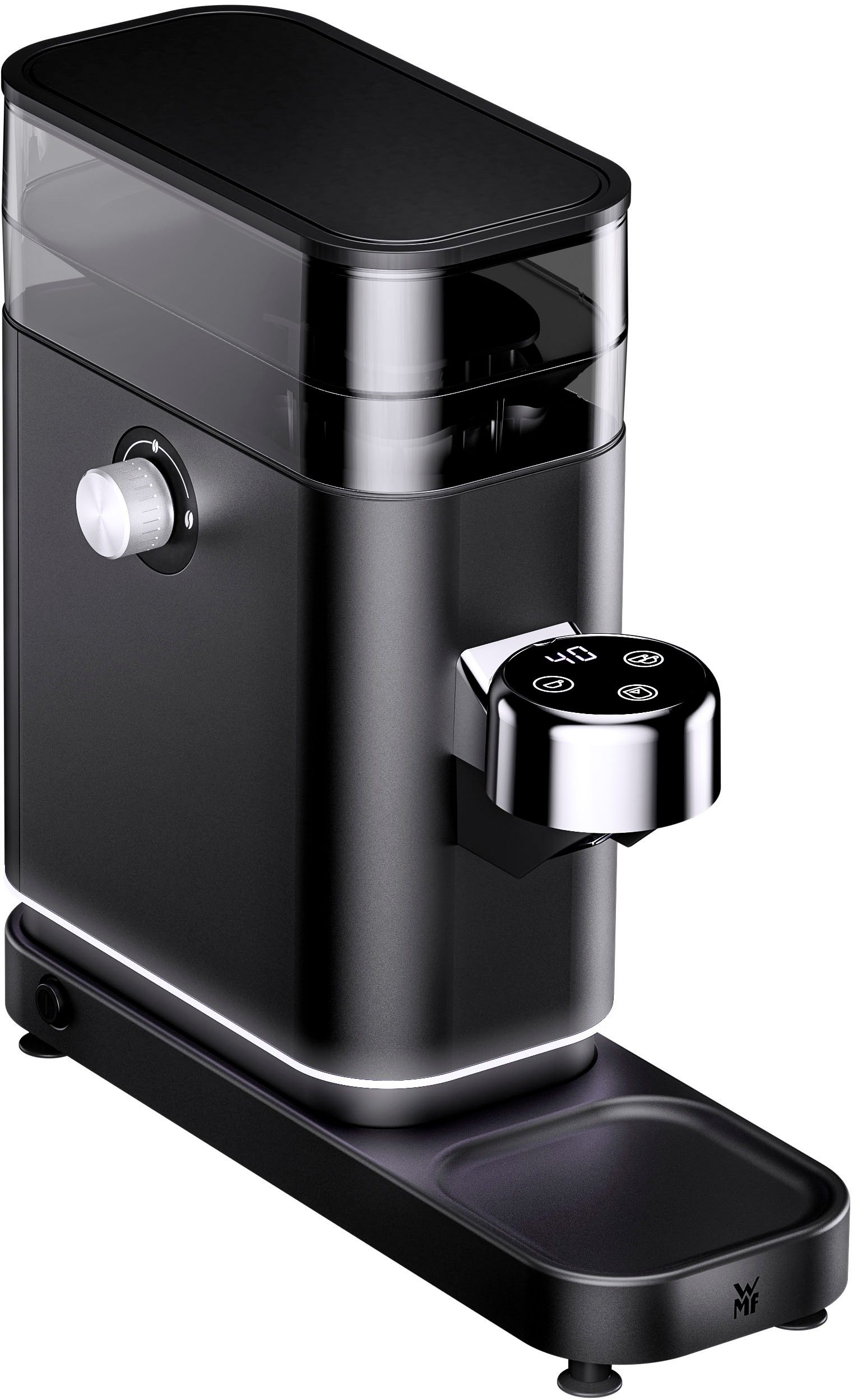 WMF Kaffeemühle Lumero, 150 W, Kegelmahlwerk, 180 g Bohnenbehälter, 40 Mahlgrade, Edelstahlmahlwerk, LED-Display, 150 Watt, Cromargan