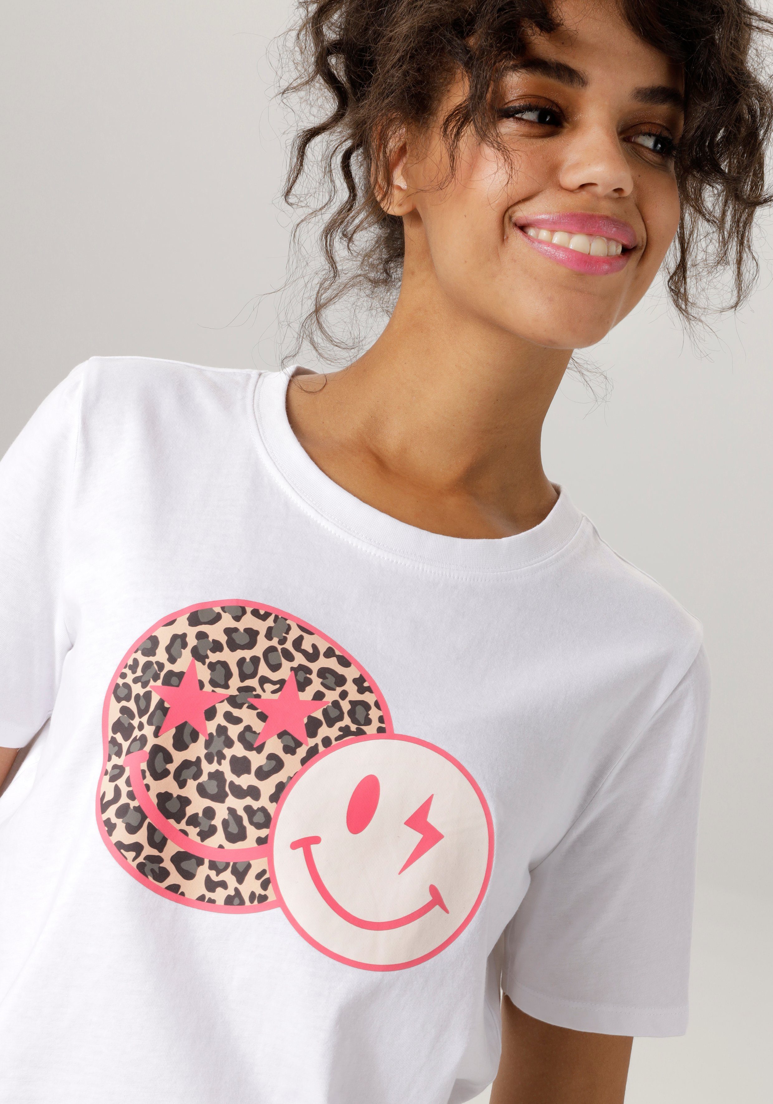 Aniston CASUAL T-Shirt weiß-pink-beige-schwarz-grau coolen Smileys mit bedruckt
