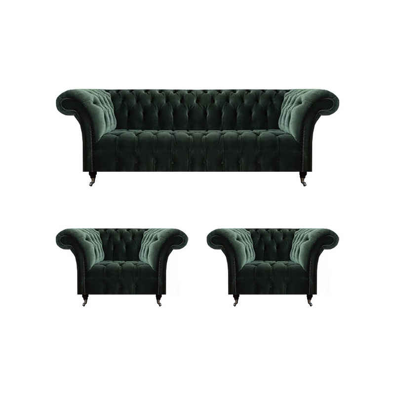 JVmoebel Chesterfield-Sofa Luxus Komplett Schwarz Sofa Dreisitzer Textil 2x Sessel Chesterfield, 3 Teile, Made in Europa