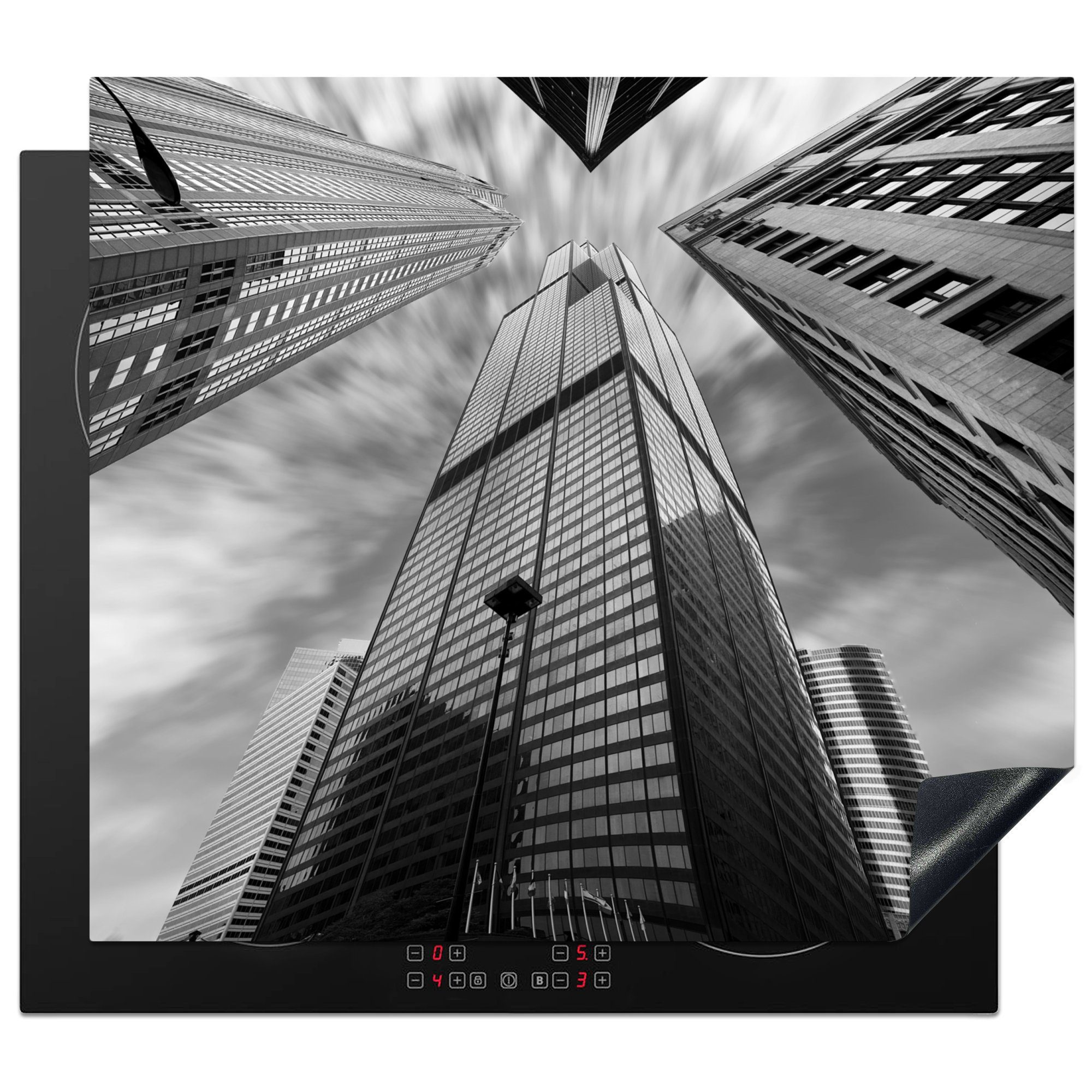 MuchoWow Herdblende-/Abdeckplatte Schwarz-Weiß-Foto des Willis Tower in den Vereinigten Staaten, Vinyl, (1 tlg), 57x51 cm, Induktionsschutz, Induktionskochfeld, Ceranfeldabdeckung