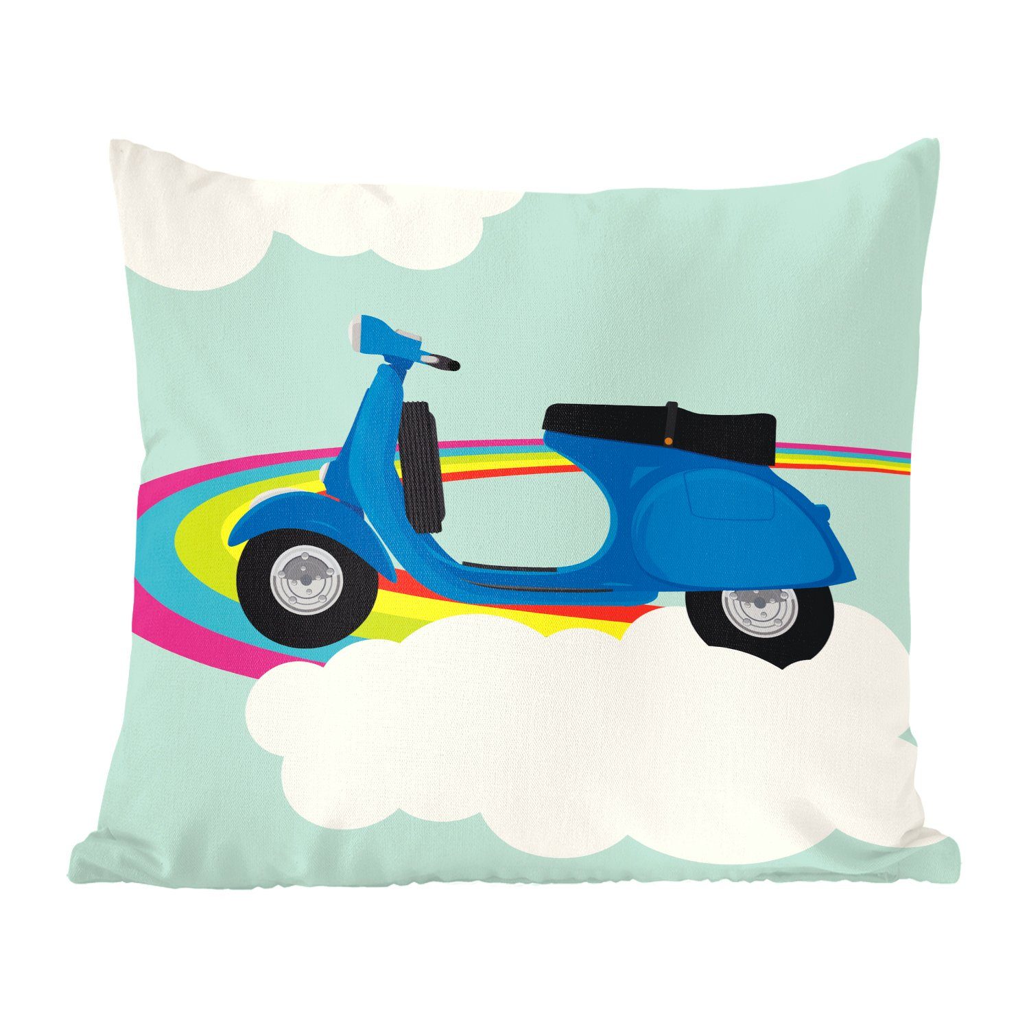 MuchoWow Dekokissen mit Schlafzimmer, einer blauen einem Sofakissen Deko, Zierkissen Vespa für auf Füllung Illustration Regenbogen, Wohzimmer