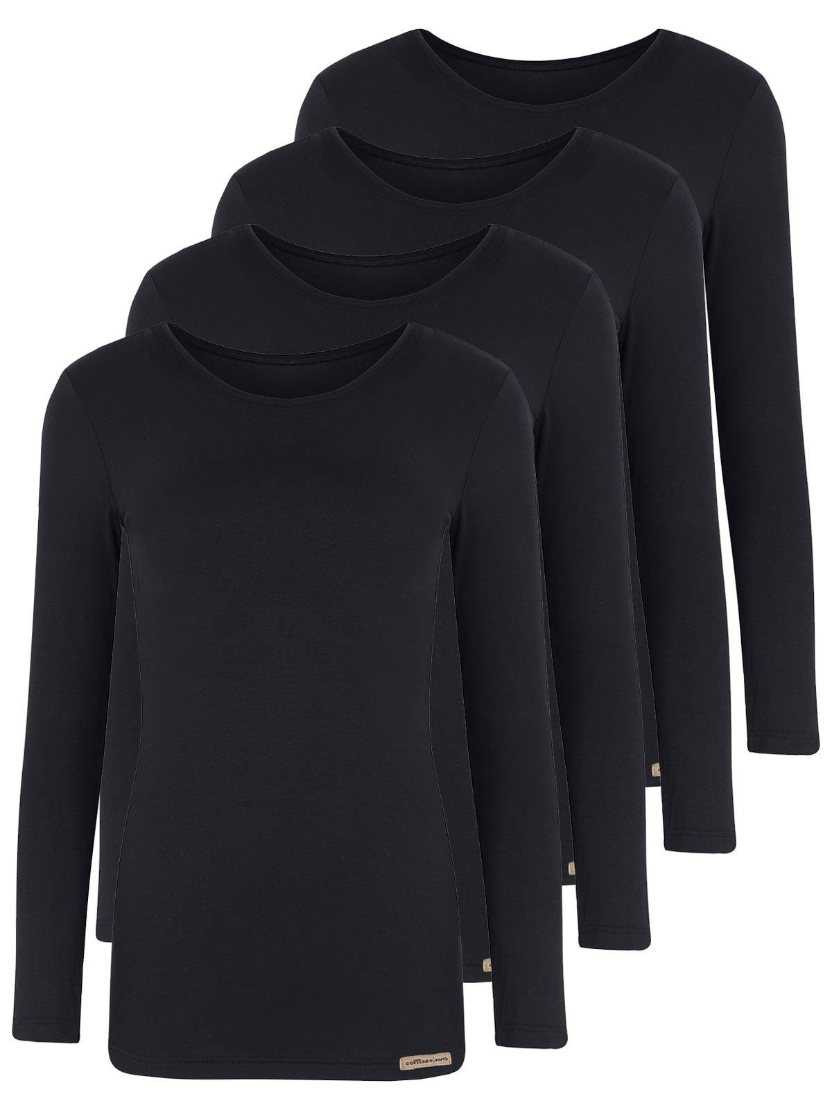 COMAZO Unterziehshirt 4er Pack Damen Baumwoll Langarm Shirt (Spar-Set, 4-St) Vegan schwarz