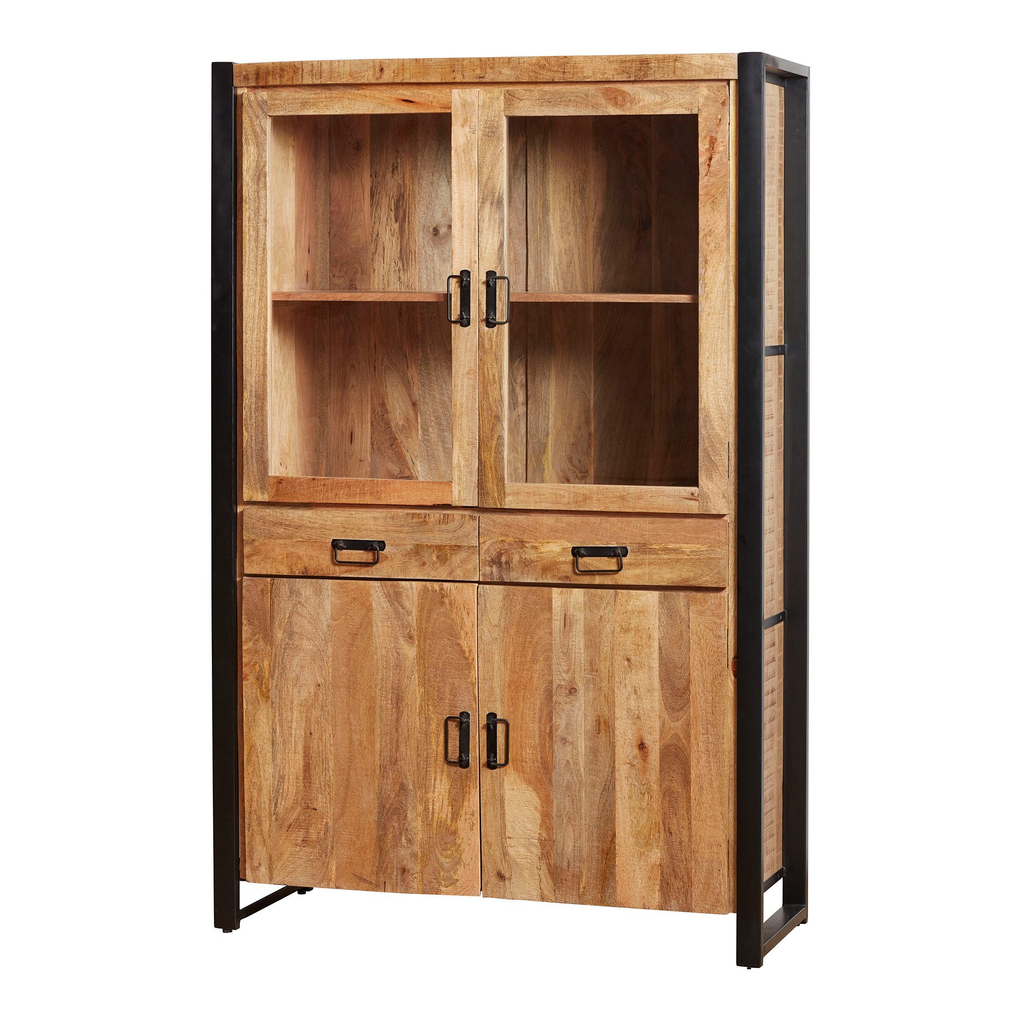 Villa Möbel Vitrine (115x45x180cm, 1 Vase) Mangoholz mit Metallrahmen im Indusrial-Style
