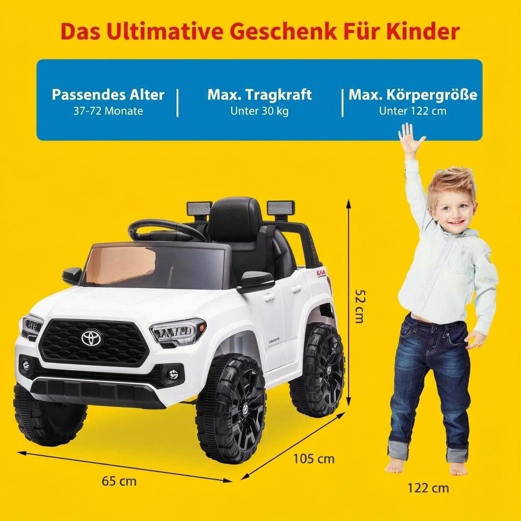 GarveeMore Elektro-Kinderauto 12V Elektro-Kinderauto für Kinder von 3-8 Jahren, 2 Fahrmodi,3,5 km/h, Belastbarkeit 30 kg, (1-tlg), 4 stoßdämpfende Räder, Sicherheitsgurt, LED-Scheinwerfer, Musik & Hupe