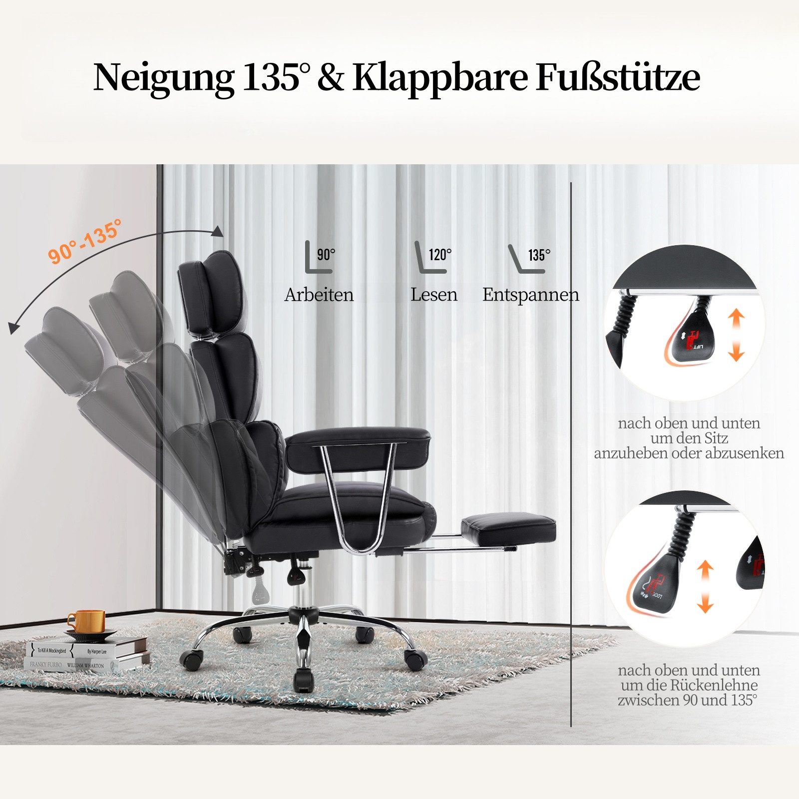 Intimate WM Heart Chefsessel Ergonomischer Bürostuhl, Höhenverstellbar Schreibtischstuhl (Gaming Stuhl mit dickem Kissen), PU-Leder Drehstuhl mit Kopfstützte un – Bild 5 von 5