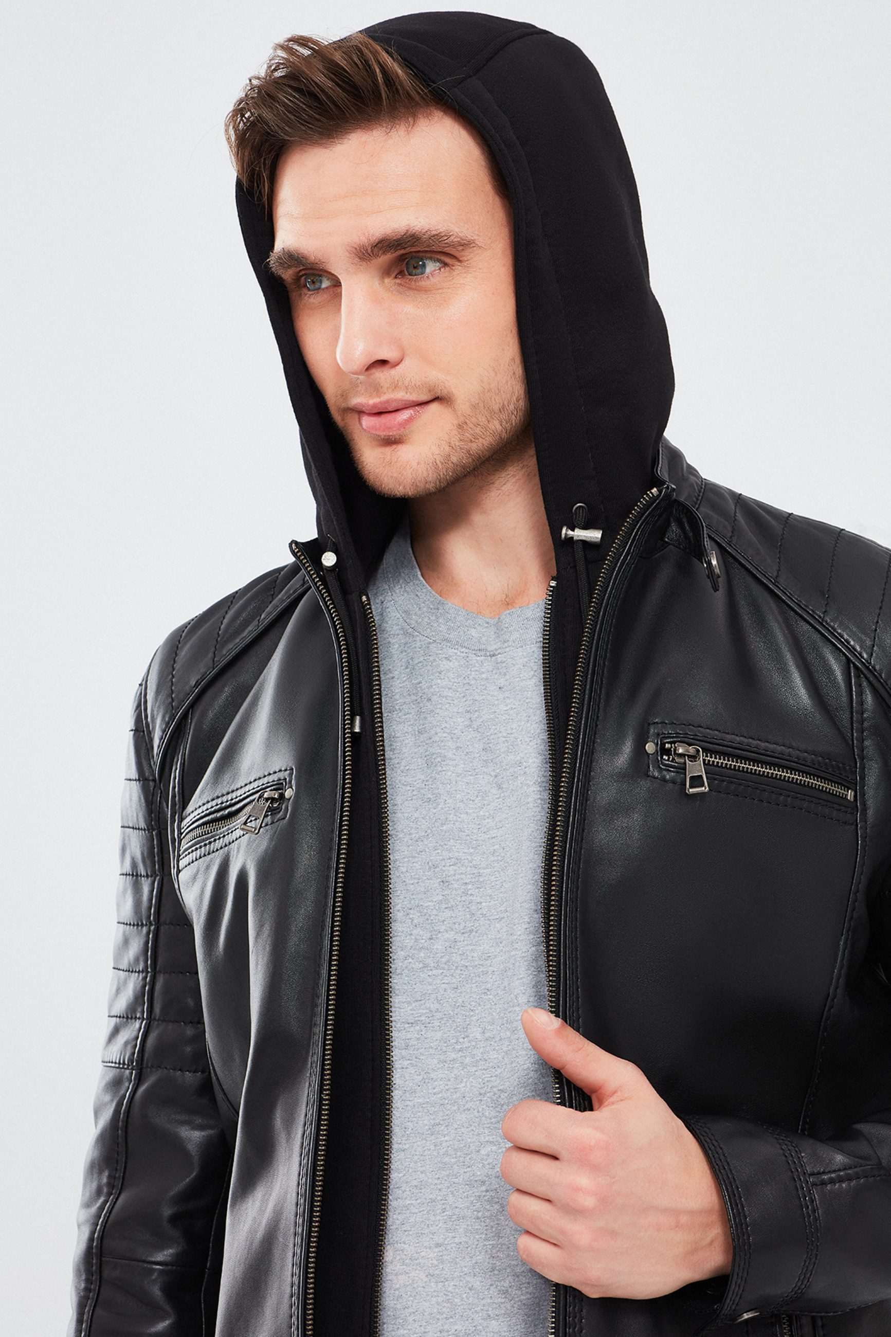 Derimod Lederjacke Sergio Kapuzen-Sport-Lederjacke Regular Fit, Reißverschluss, Mit Kapuze, Kurz, Textilfutter