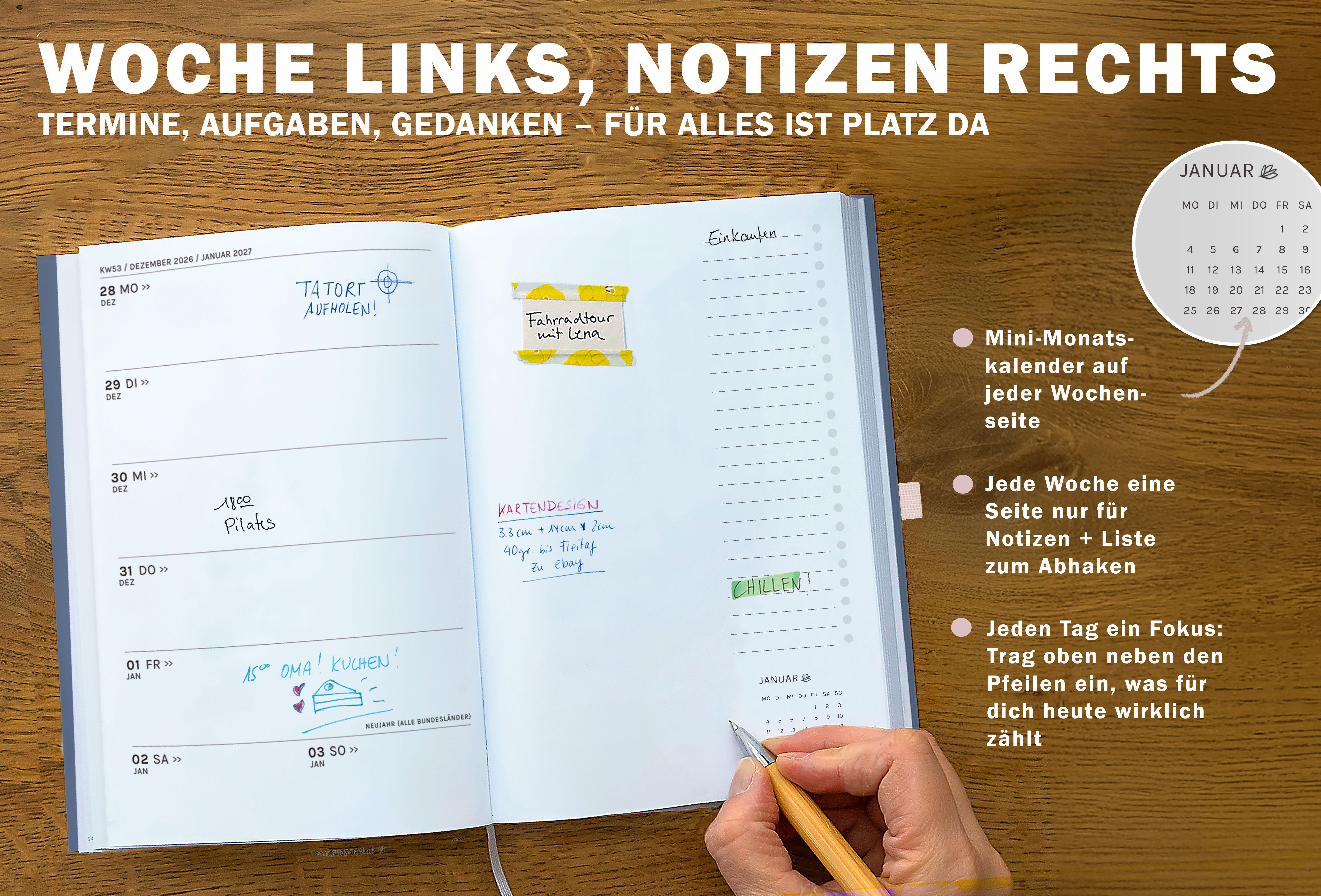 Eine der Guten Verlag Terminkalender Terminplaner 2027 - A5, blau rosa, 1 Doppelseite / Woche, FSC-Papier, Hardcover, Gummiband, Stiftschlaufe – Bild 4 von 5