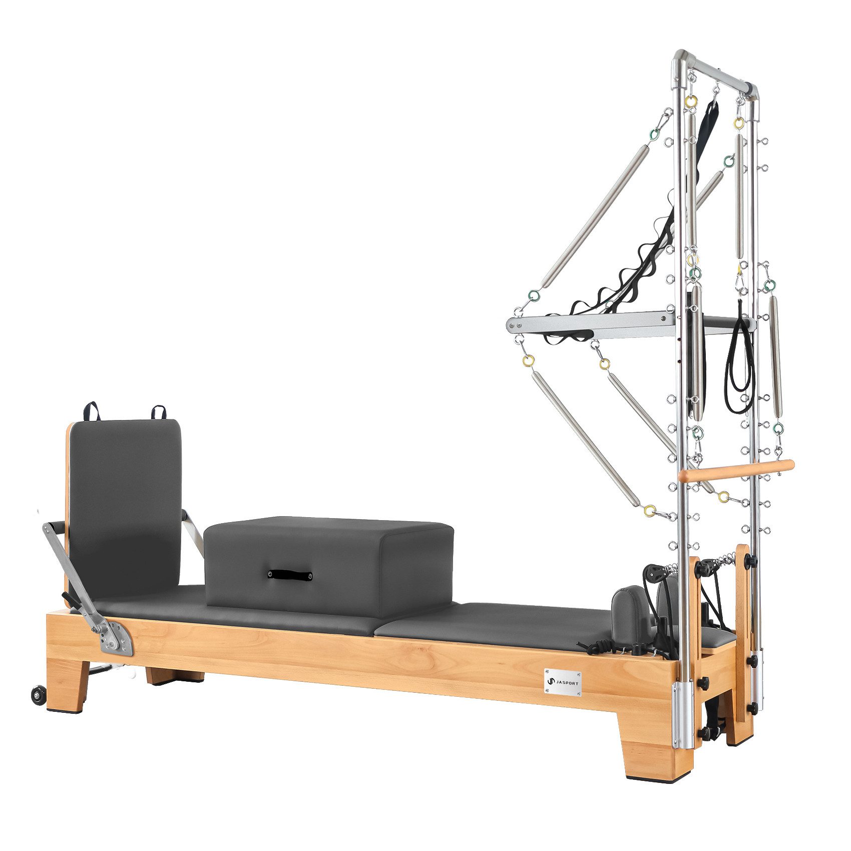 JASPORT Pilates-Reformer B80 mit Tower aus Buchenholz, 150 kg belastbar, (Pilates Reformer Set inkl. Tower und Zubehör), Massives Buchenholz, Mehrfaches Federsystem