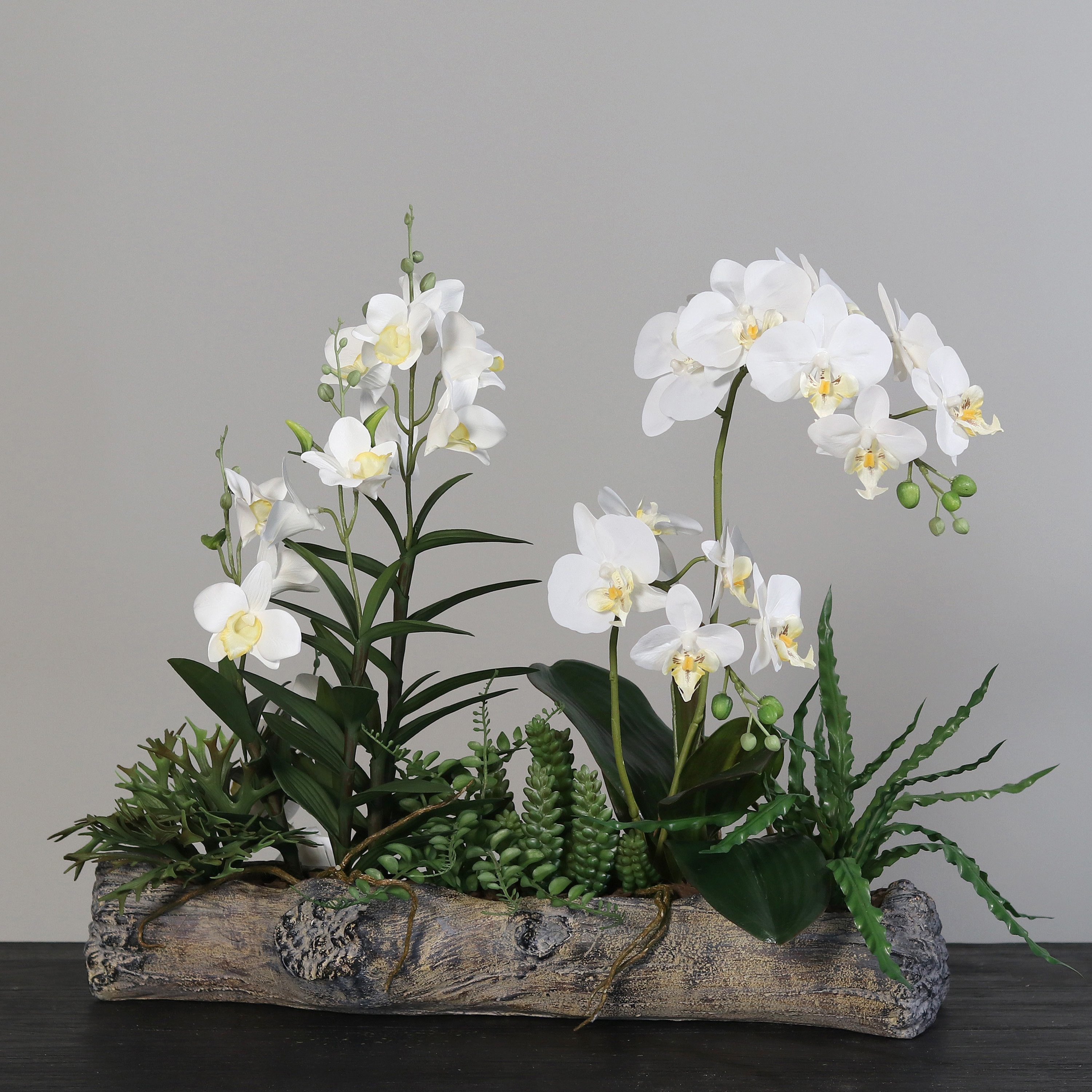 Kunstblume Edles Kunstblumen Arrangement Orchideen in Holz Schale L47 cm,  DPI