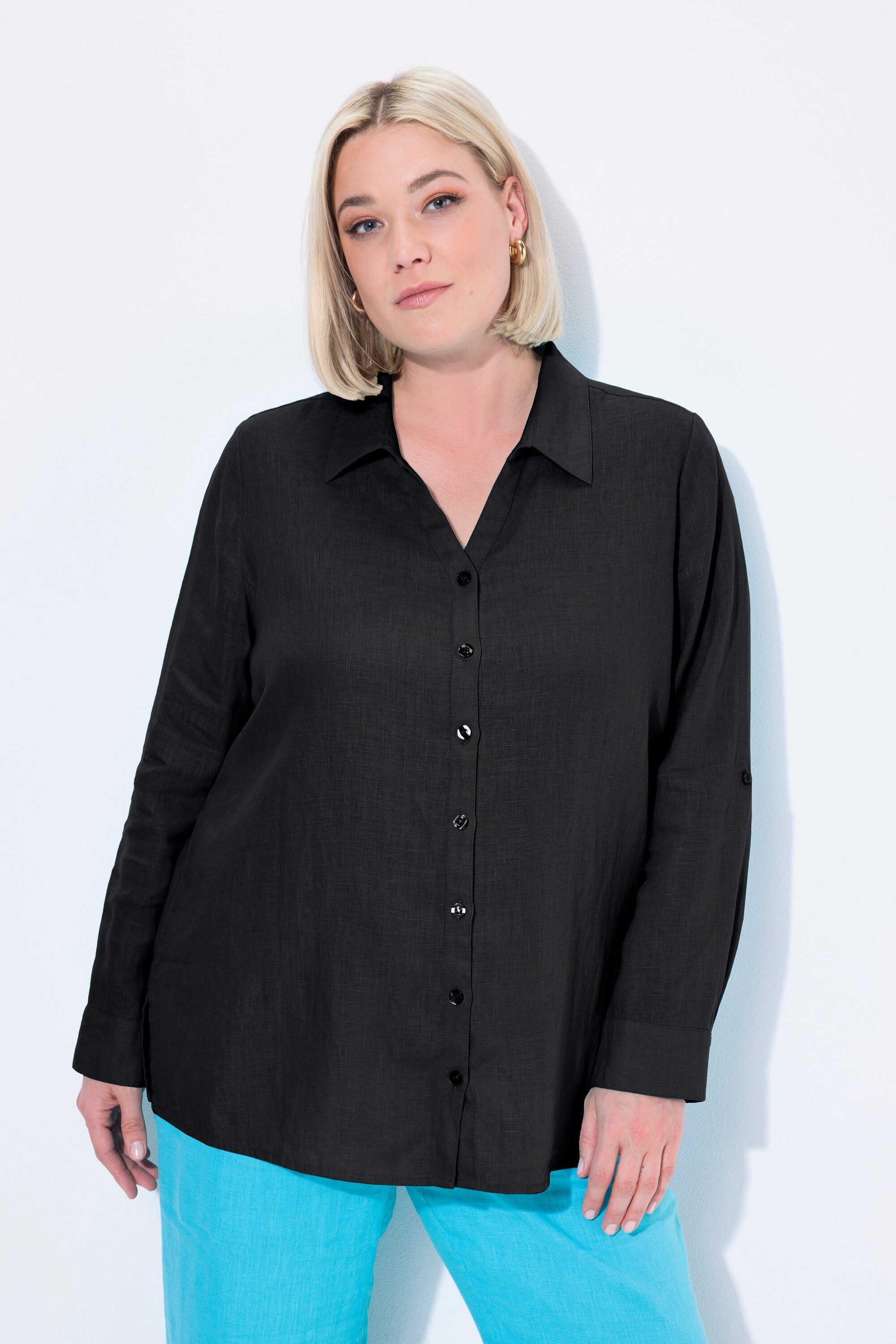Hemdbluse Bluse Leinen offener Kragen Langarm