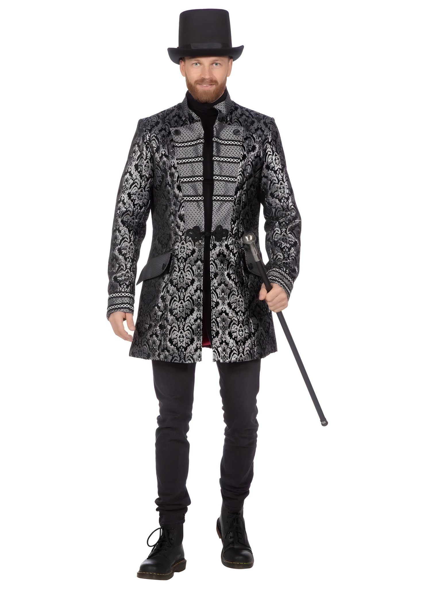 Metamorph Piraten-Kostüm Brokatjacke schwarz/silber für Herren, Prachtvoller Gehrock mit Ornamenten für edle Kostümierungen