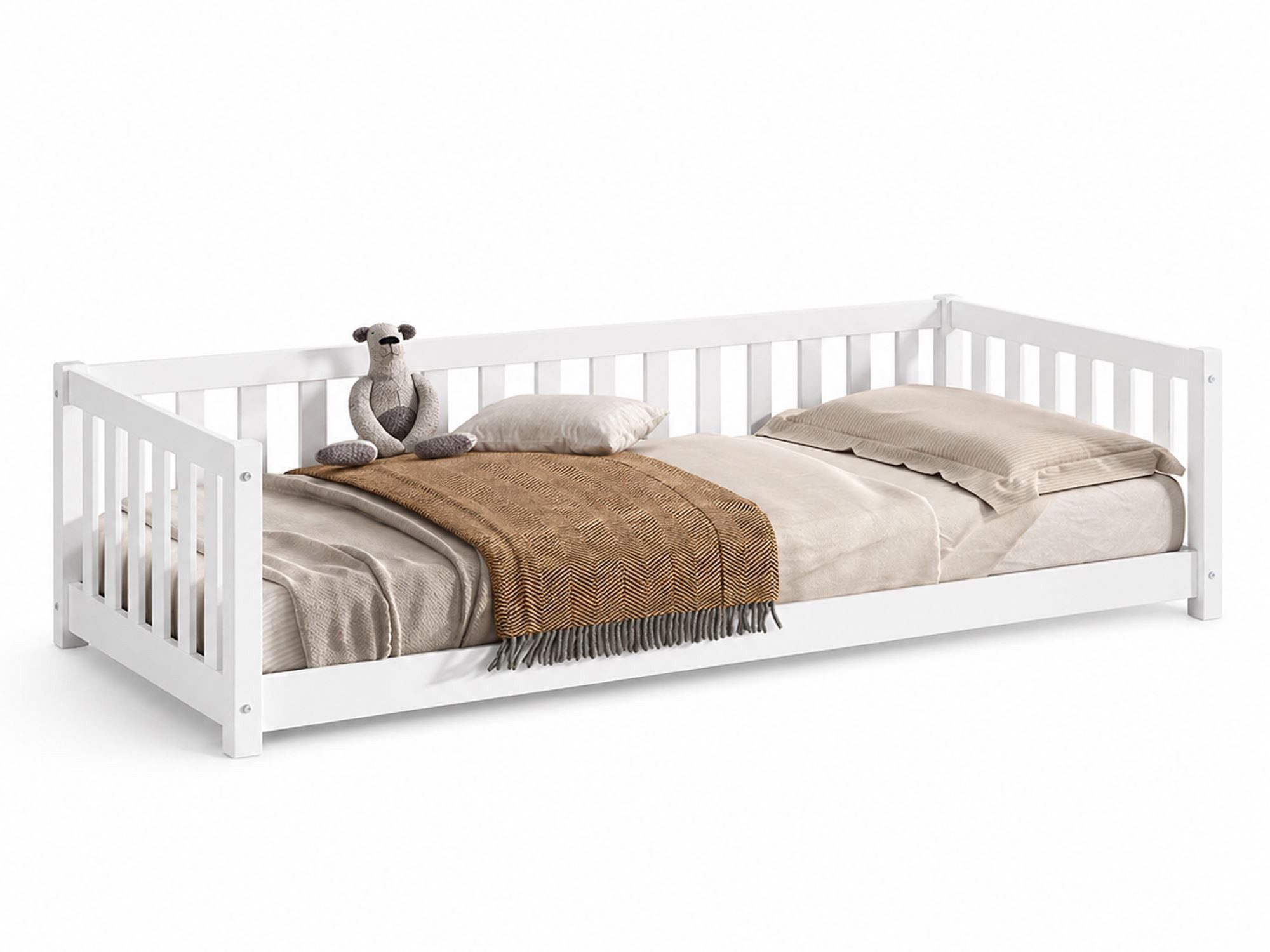 58 aufm Kessel Kinderbett Bodenbett Kapua 90x200 umbaubar zum Tagesbett Kiefer Massivholz Weiß (inkl. Versand, Lieferung bis Verwendungsstelle), Flexibel nutzbares Bett vom Bodenbett bis zum klassischen Einzelbett