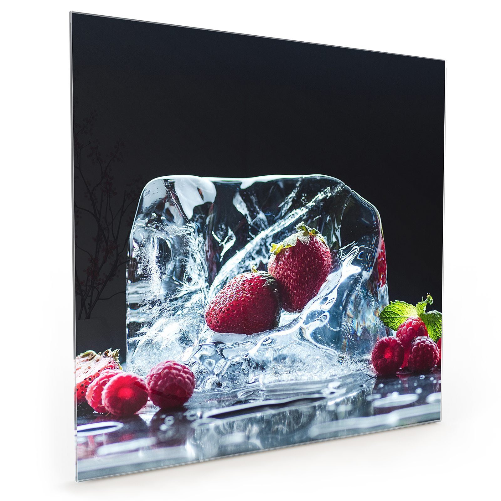 Primedeco Küchenrückwand Küchenrückwand Spritzschutz Glas mit Motiv Himbeeren mit Eiswürfel
