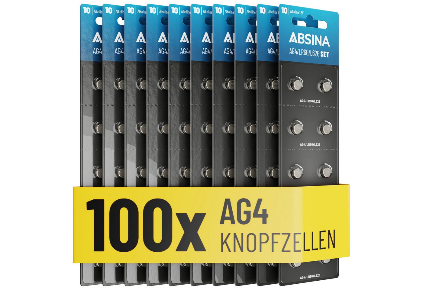 ABSINA AG4 LR66 Knopfzelle 100er Pack - 1,5V Alkaline Knopfzellen Knopfzelle, AG4 (1,5 V, 1 St), Temperaturfest von -10°C bis +50°C, langlebig, auslaufsicher