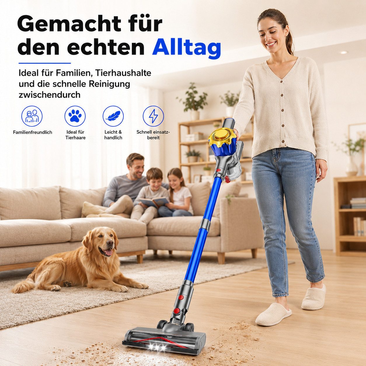 Goldstern-Tech Akku-Hand-und Stielstaubsauger, 450 W, beutellos, bis zu 50 Min Laufzeit, LED-Display, HEPA-Filter