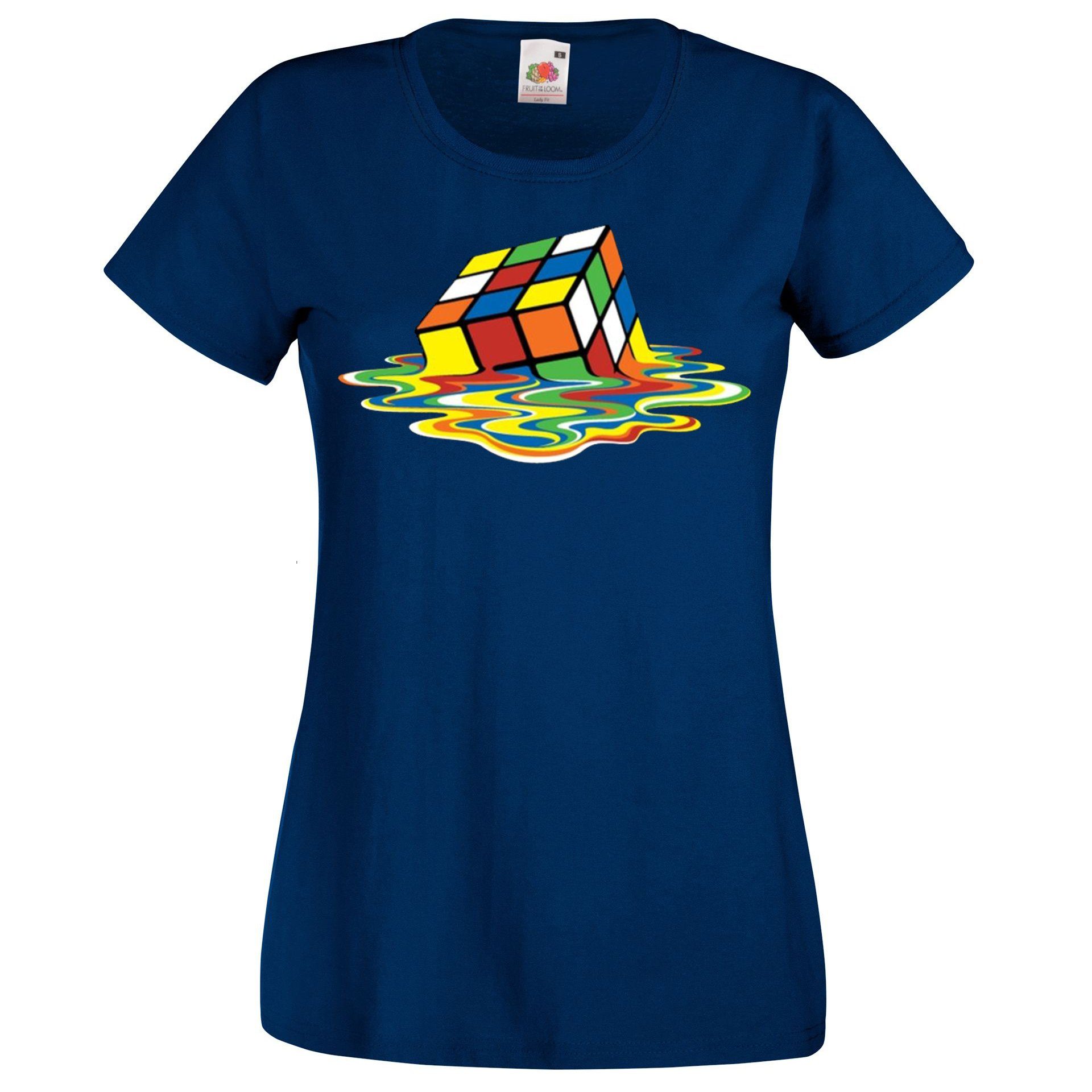 T-Shirt Damen Frontprint Shirt Zauberwürfel Navyblau witzigem mit Youth Designz
