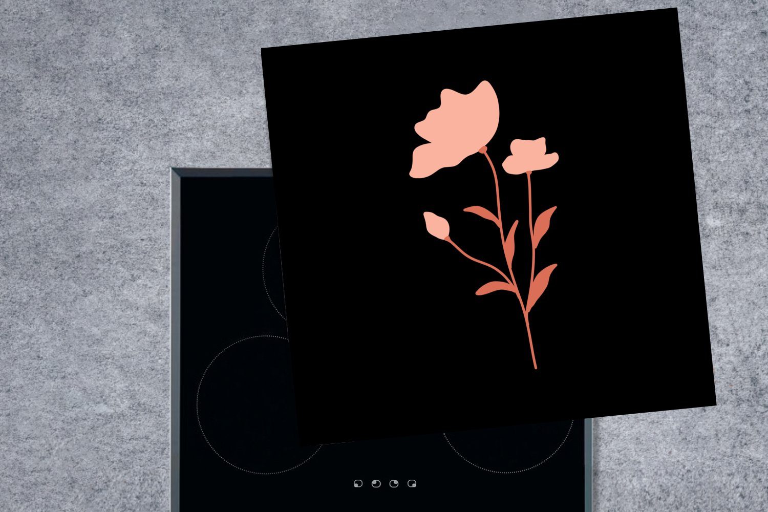 Hintergrund, küche Ceranfeldabdeckung, mit cm, Blume 78x78 einer Herdblende-/Abdeckplatte (1 Vinyl, tlg), Arbeitsplatte schwarzem Illustration für MuchoWow rosa