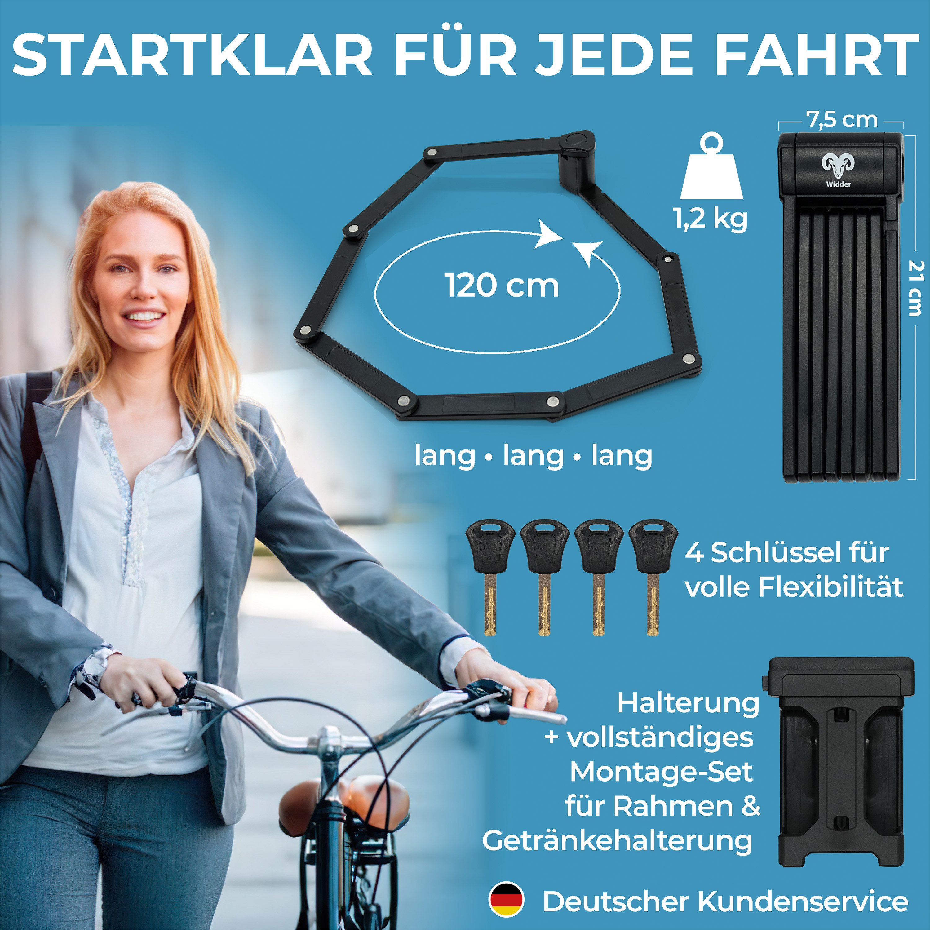 Widder Faltschloss [120cm extra-lang] Fahrradschloss für E-Bike & Fahrrad mit Halterung, 4 Schlüssel • Sicherheitsstufe 15 • Flexible Halterung