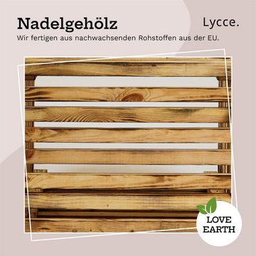 Lycce Sitzhocker Holzkiste, Weinkiste, Hocker mit Stauraum aus geflammtem Holz, aus nachwachsendem Nadelholz, handgefertigt und geflammt