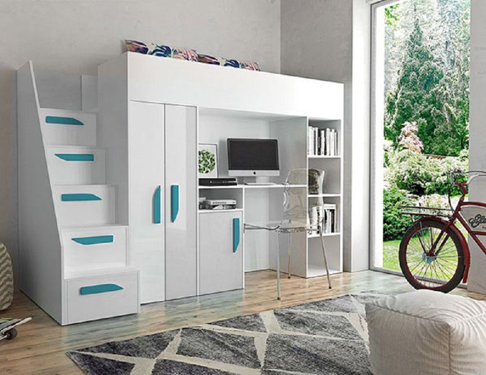 Hochbett PARTY (Etagenbett mit Schreibtisch + Kleiderschrank) Farbe wählbar