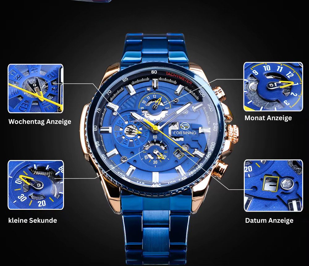 Rötting Design Automatikuhr Herrenuhr Armbanduhr Marke Forsining blaues Ziffernblatt, Edelstahl, Datum Wochentag Monats Anzeige – Bild 5 von 5