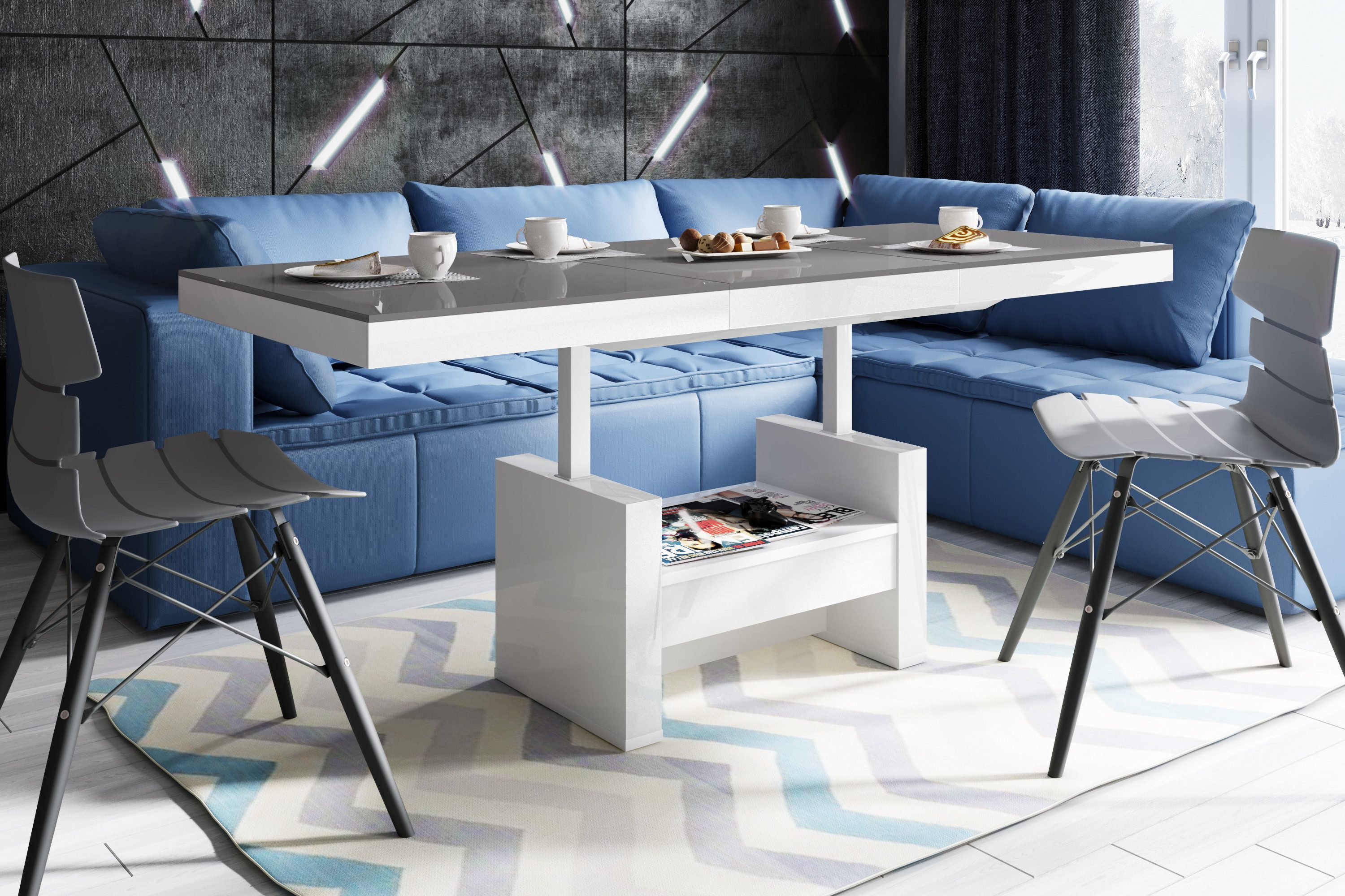 designimpex Couchtisch HLU-111 Grau Weiß Hochglanz Schublade höhenverstellbar ausziehbar, Funktionstisch, Wohnzimmertisch, Tisch, Esstisch, Sofatisch, Schublade