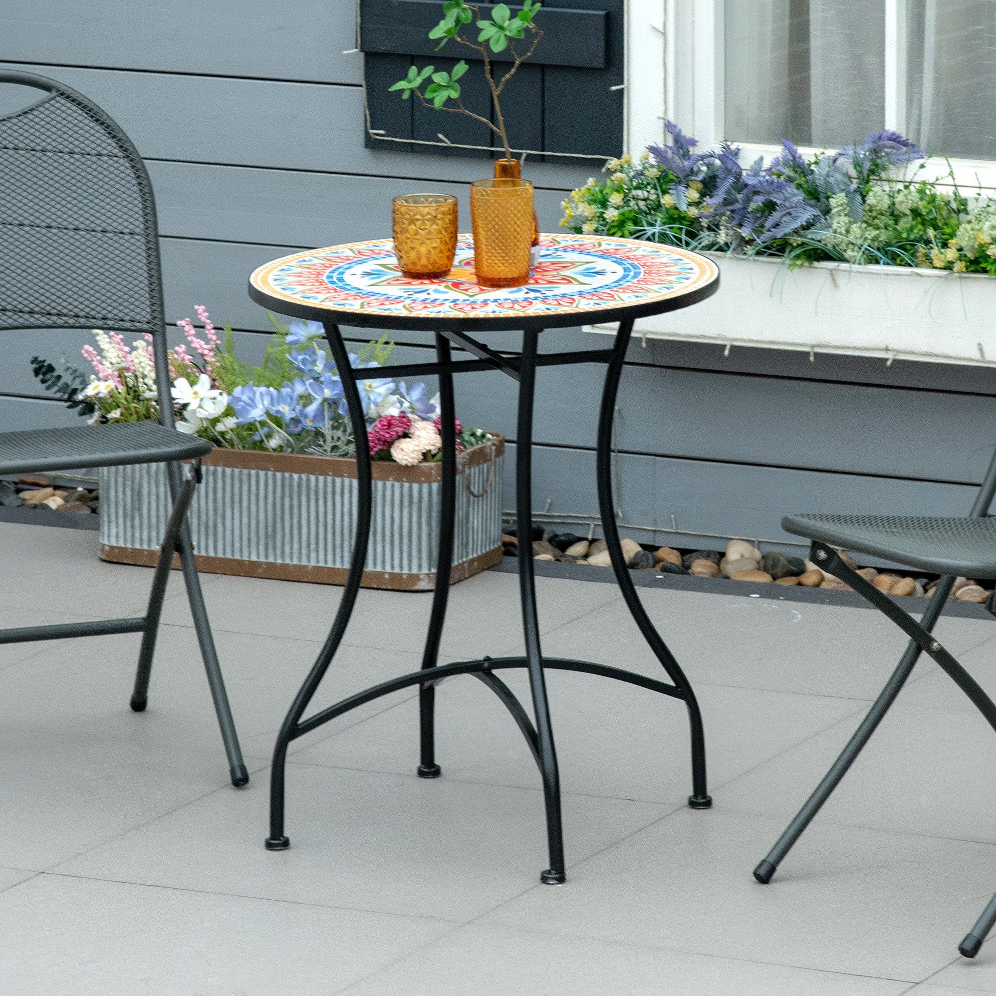 OKWISH Gartentisch Mosaiktisch rund Ø60 cm, Balkontisch Keramik Stahl (Packung, 1-St., Outdoor Tisch Höhe 71 cm für Balkon und Garten, runder Bistrotisch), mit Mosaikplatte aus Keramik, Metallgestell Rot Blau Weiß