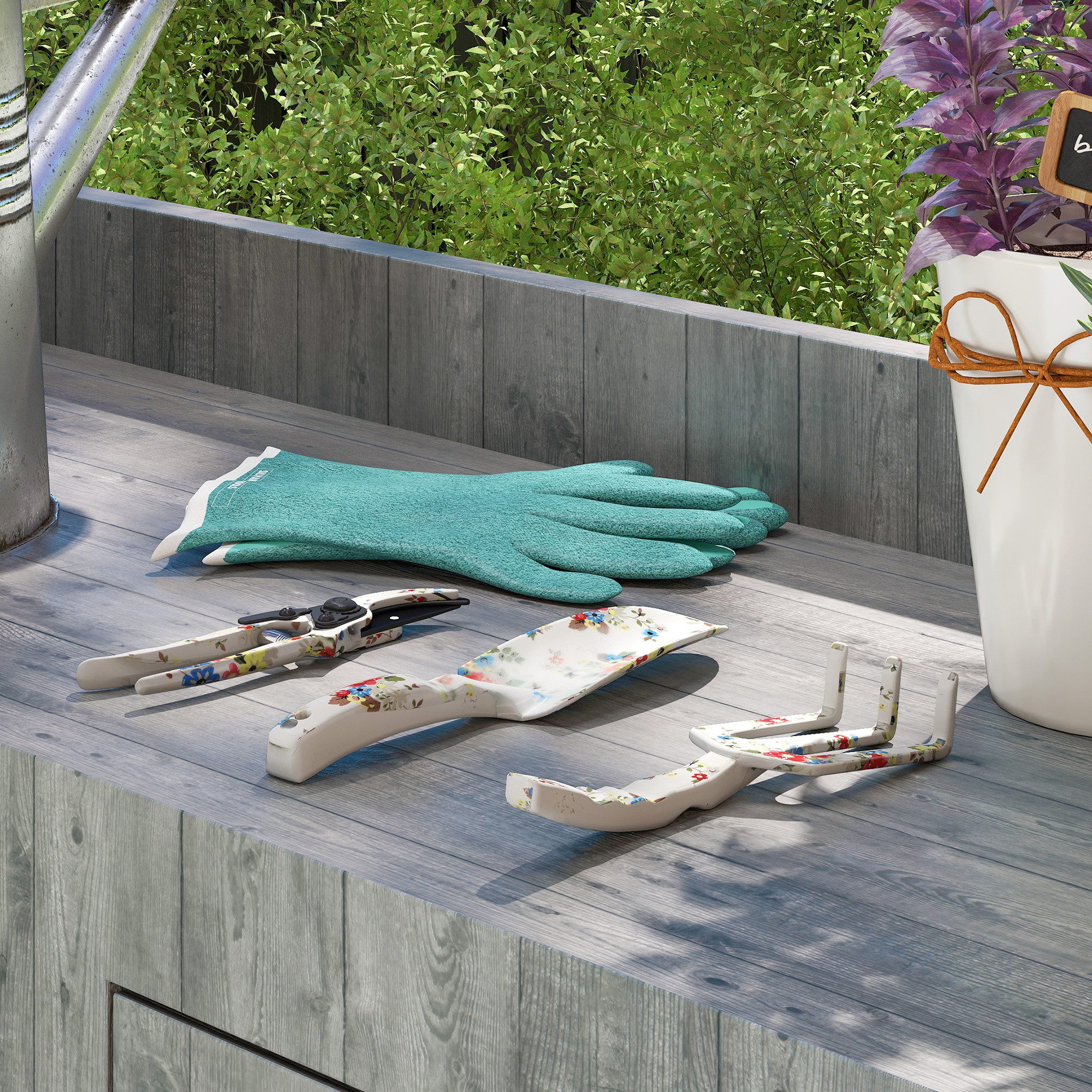 Outsunny Gartenpflege-Set 7 Stück, aus Metall, mit Blumenkelle, Handrechen, Gartenschere, Gartengeschenke für Frauen und Männer Mehrfarbig