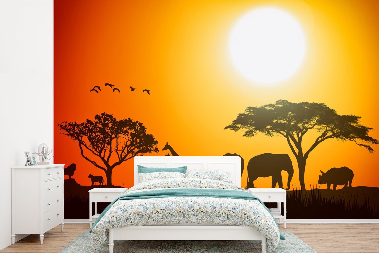 MuchoWow Fototapete Elefant - Wilde Tiere - Afrika, Matt, bedruckt, (6 St), Wallpaper für Wohnzimmer, Schlafzimmer, Kinderzimmer, Vinyl Tapete