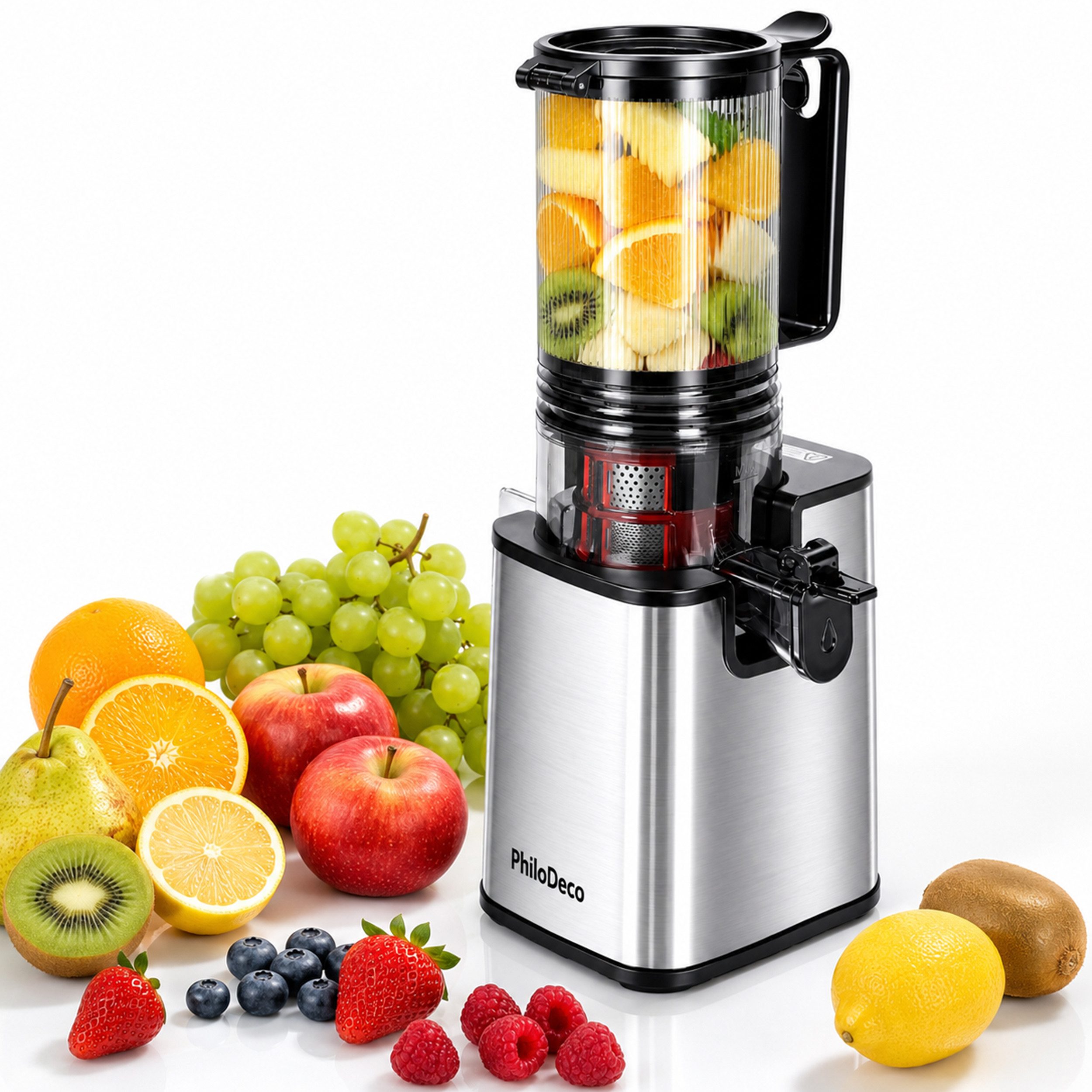 WHEELYOU Slow Juicer Entsafter mit 110-mm-XXL-Öffnung für ganze Früchte und Gemüse, 250 W, Kaltpress-Saftpresse mit Doppelsieb, 40 Nm und Rückwärtslauf