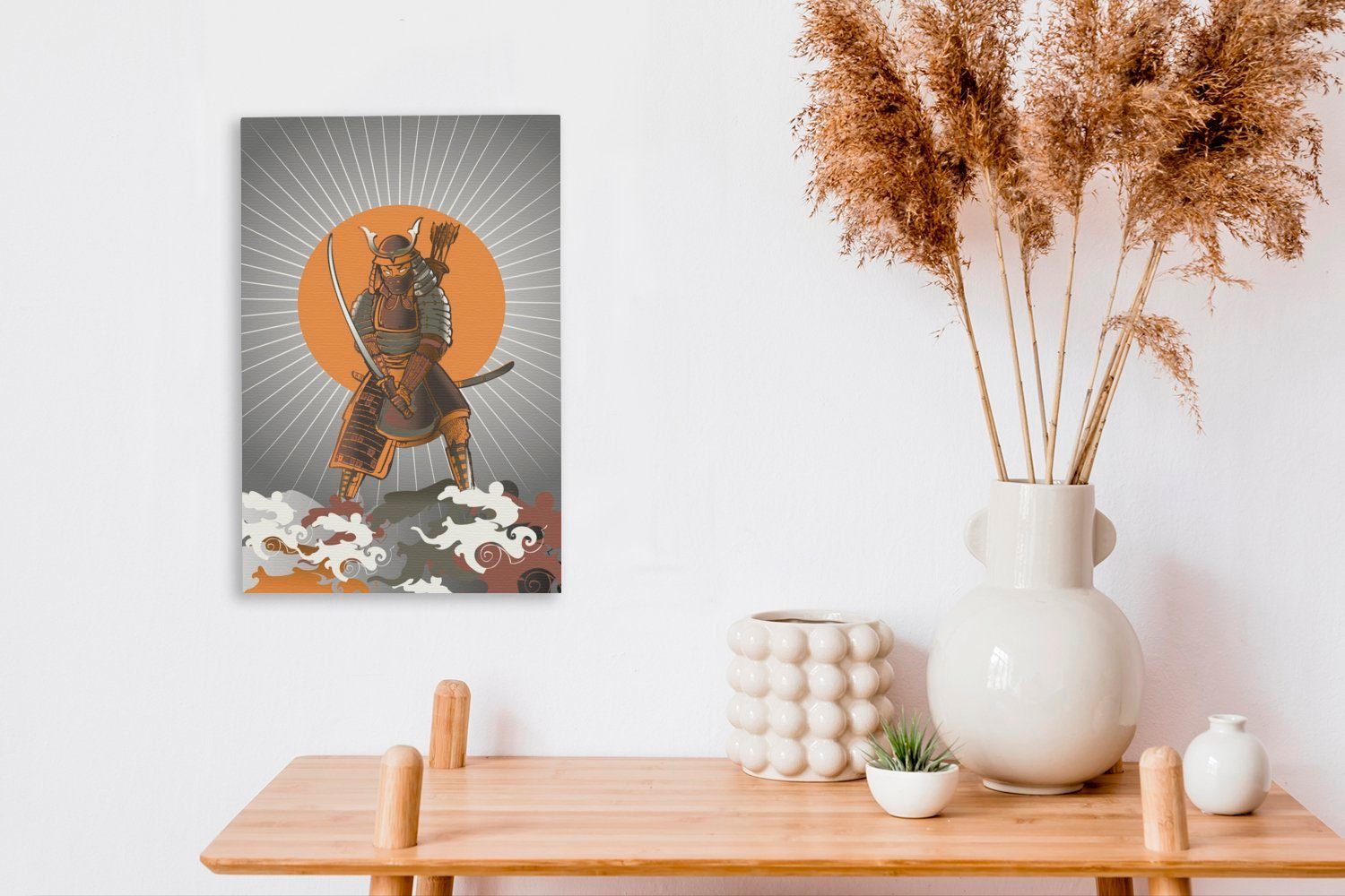 OneMillionCanvasses® fertig St), cm bespannt Leinwandbild Leinwandbild Samurai aufgehenden der Gemälde, im inkl. Illustration (1 Eine der 20x30 Sonne, Zackenaufhänger, Angesicht