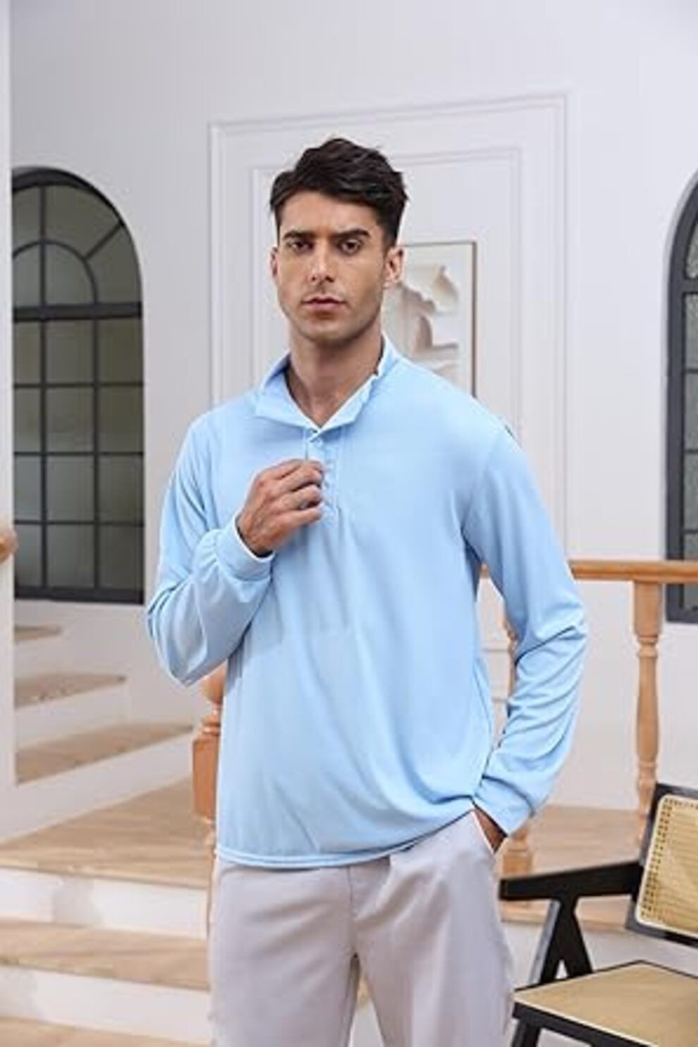 Rollkragenshirt Shirt Langarm Button Rollkragenshirt Herren Hemd Regular Fit Blau-XL