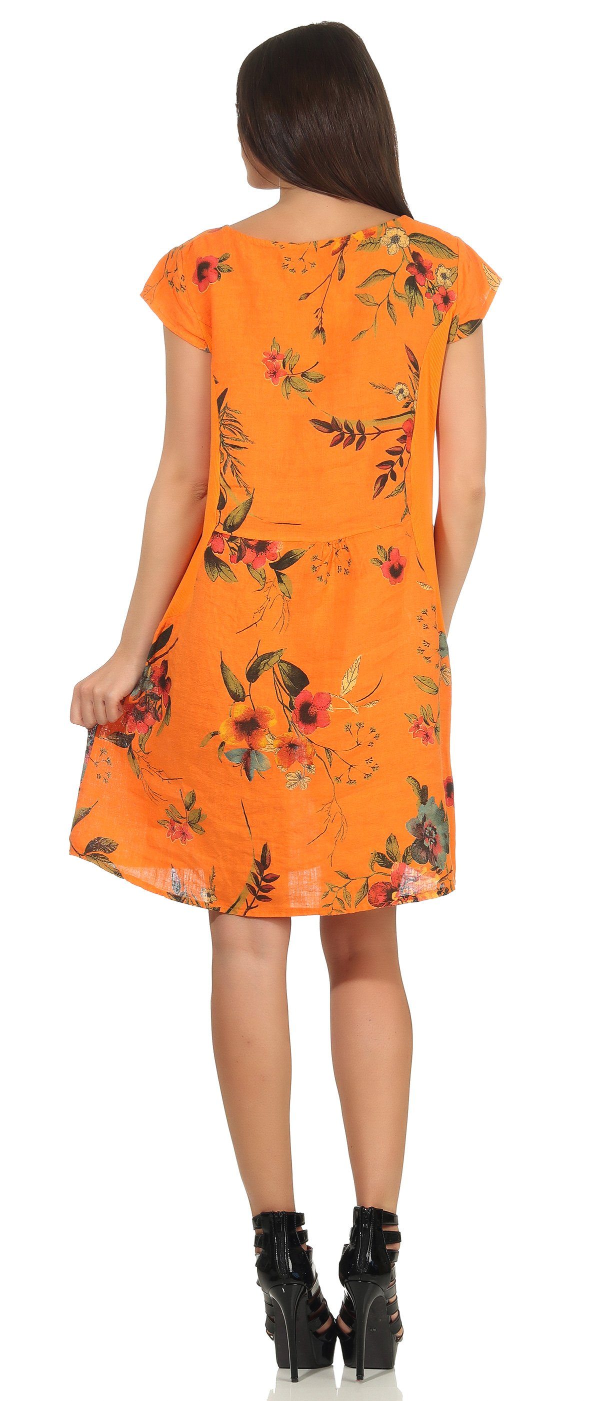 M.330 Dame Blumenprint Leinenkleid Leinen Kleid Mississhop Orange Sommerkleid 100%